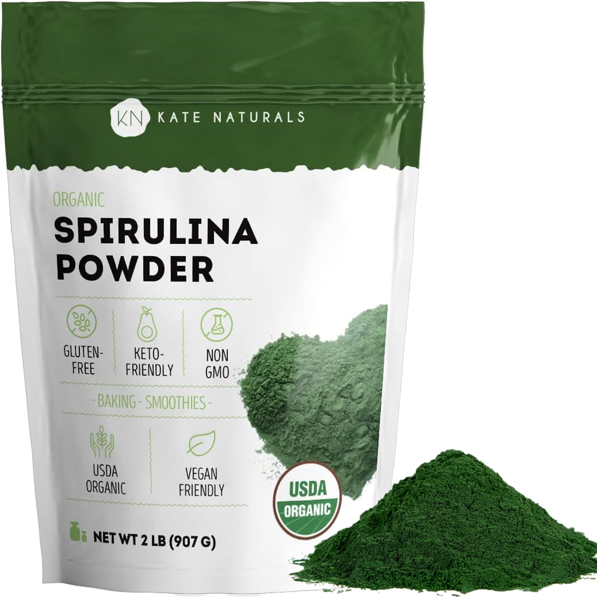 Kate Naturals Organic Spirulina Powder, Nutrient Dense Superfood (8oz) | USDA Certified, Non-GMO, Gluten- Free