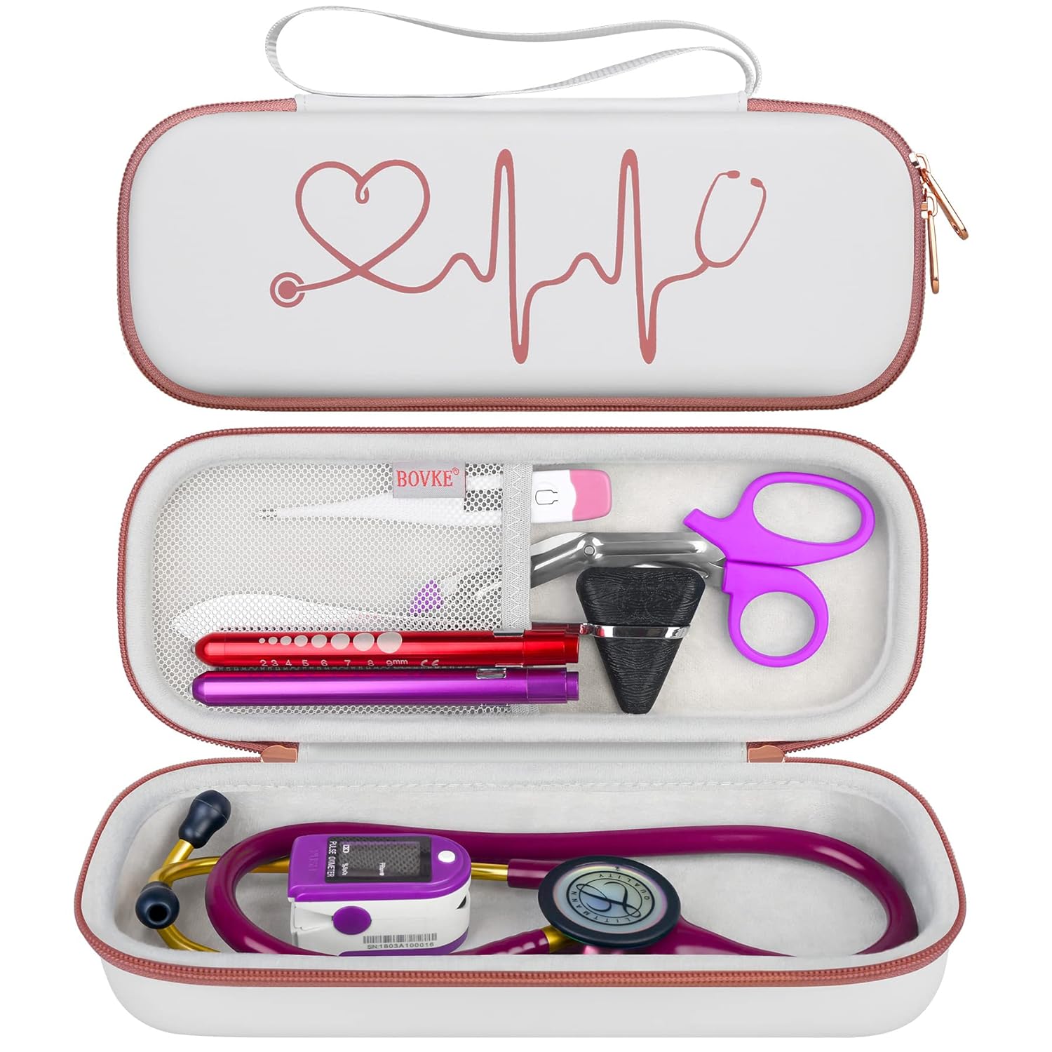 Buy now BOVKE Stethoscope Case for 3M Littmann Classic III, Lightweight II S.E, MDF Acoustica Deluxe Stethoscopes - Extra Room for Medical Bandage Scissors EMT Trauma Shear and LED Penlights, Black White Rosegold at indiglob india
