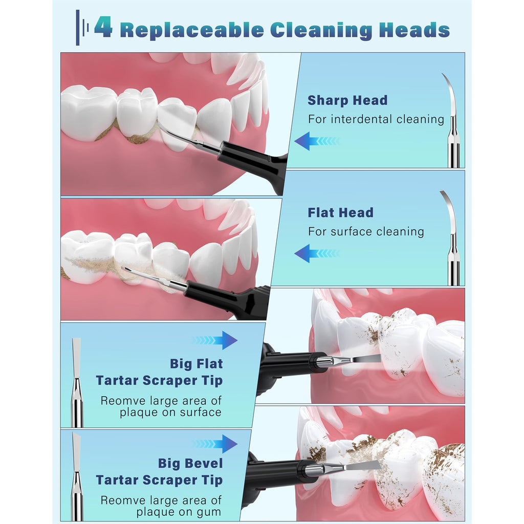 Plaque Remover for Teeth, Dental Cleaning Kit Tartar Remover for Teeth with LED Light & 5 Modes, Rechargeable Dental Cleaner, 4 Replaceable Heads