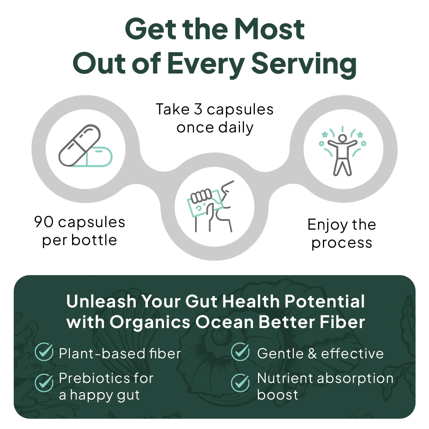 Organics Ocean Better Fiber - Daily Fiber Supplement - Soften Stool for Effortless Bowel Movements - with Psyllium Husk and Slippery Elm - 3 Bottles