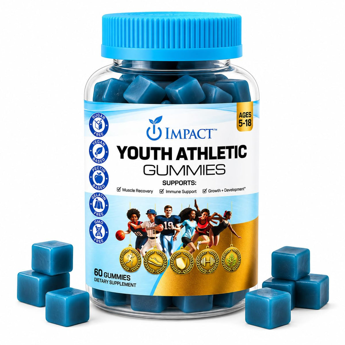 Youth Athletic Gummies – Kids Multivitamin Gummies with Essential Nutrients, Immune & Energy Support, Vegan & Gelatin-Free, Includes Vitamins A, C, B3, B12, Omega-3, Zinc – Ages 5-18