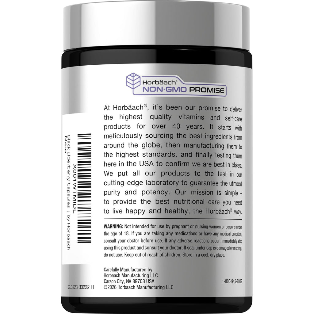 Horbäach Black Elderberry | 180 Capsules | Sambucus Extract Supplement | Non-GMO & Gluten Free