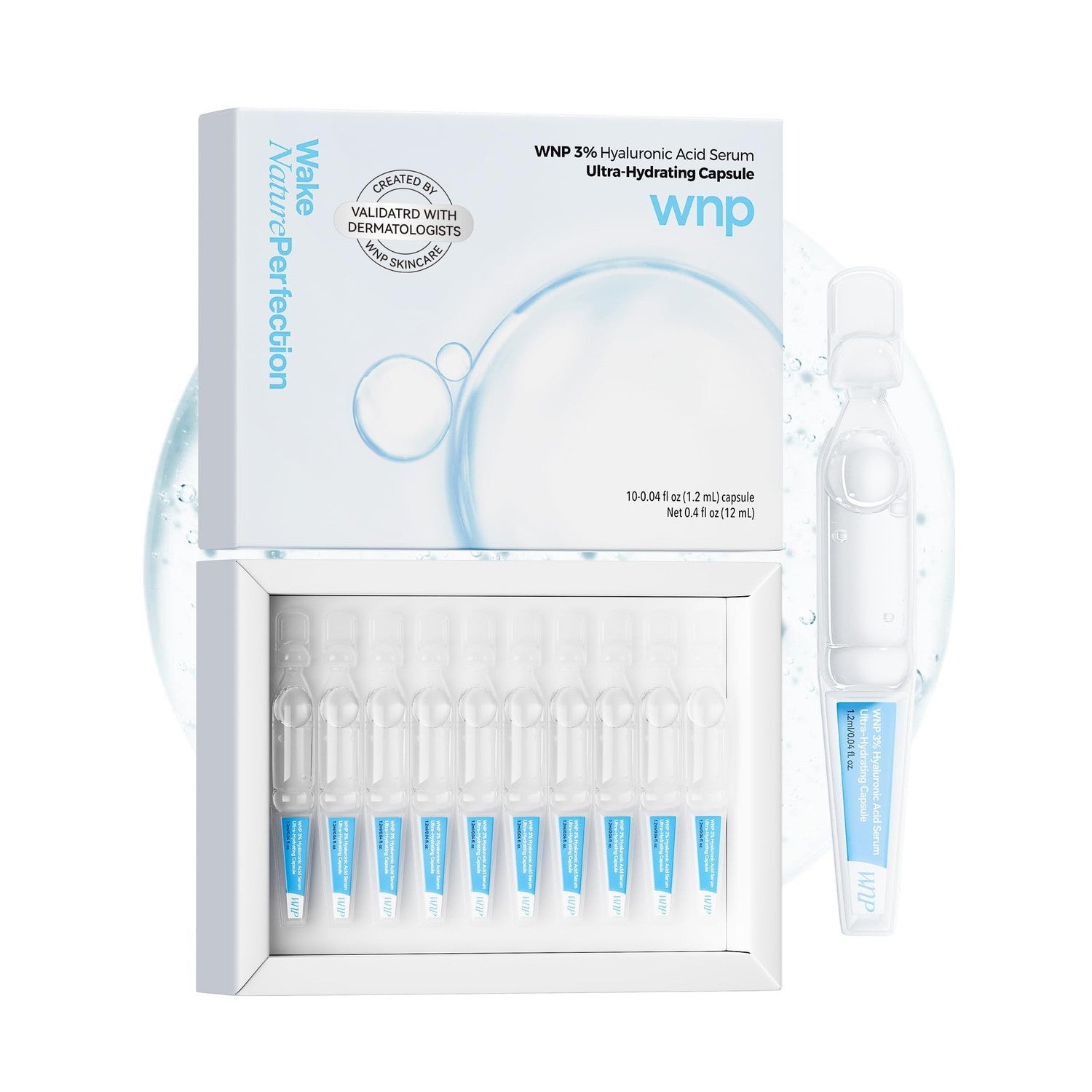 WNP Hyaluronic Acid Face Serum 3% Hydrating Ampoule for Dry Skin, 60 Ct | Sterile Single-Use| 24-Hour Hydration| Makeup-Friendly| Travel Ready| Fast-Absorbing| Moisture Care