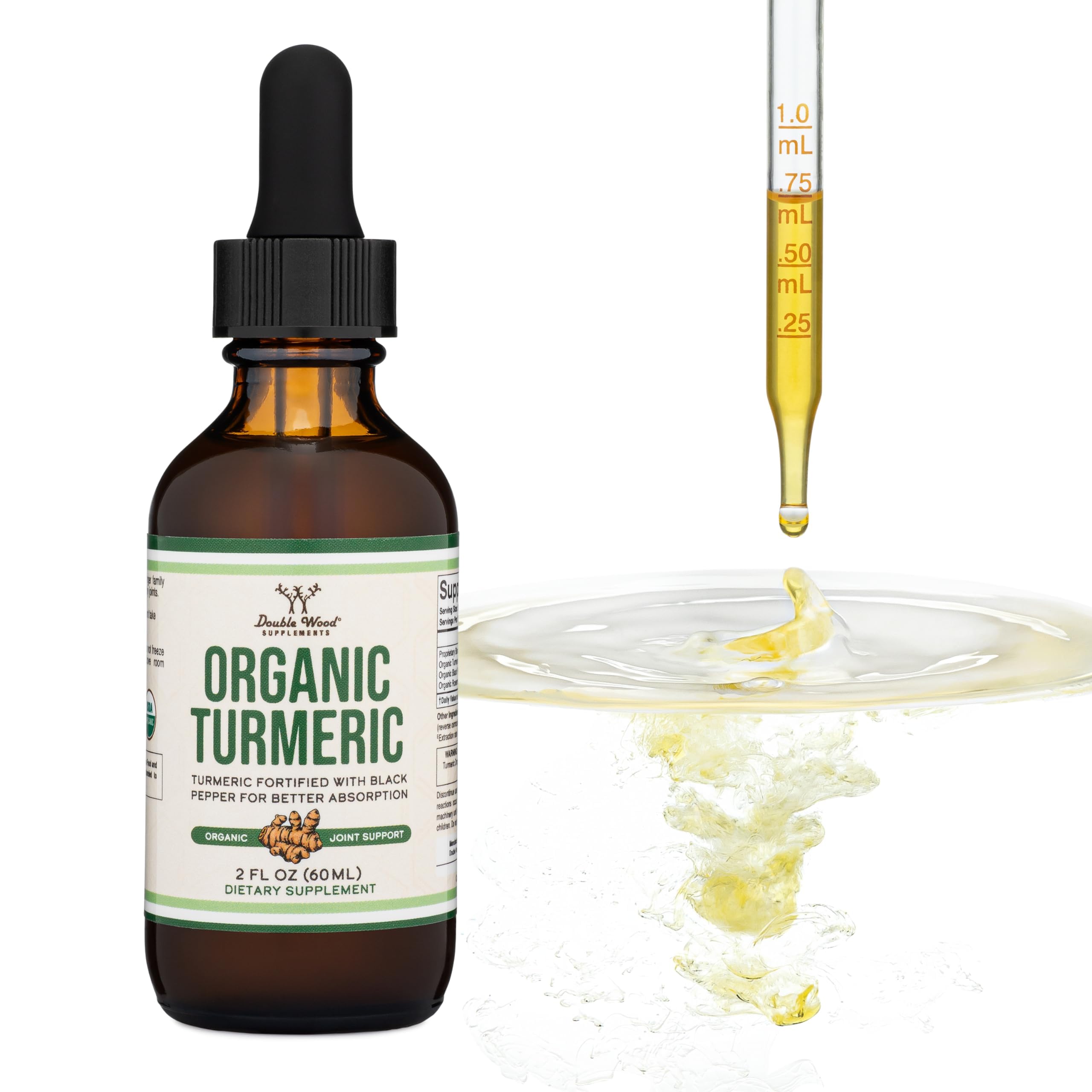 Organic Turmeric Curcumin Drops, Black Pepper + Ginger, Joint Support, 2 oz | Joint Comfort Liquid Supplement, Alcohol-Free, Black Pepper (Piperine) for Absorption, Ginger, USDA-Organic, 60 Servings
