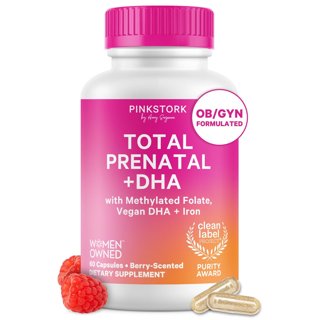 Pink Stork Total Prenatal + DHA, Vegan, No Fishy Burps, 60 Count, Berry | Methylfolate, Vegan DHA, Non-Constipating Iron, Choline, Vitamin B12 | Clean Label Purity Award, Made in USA