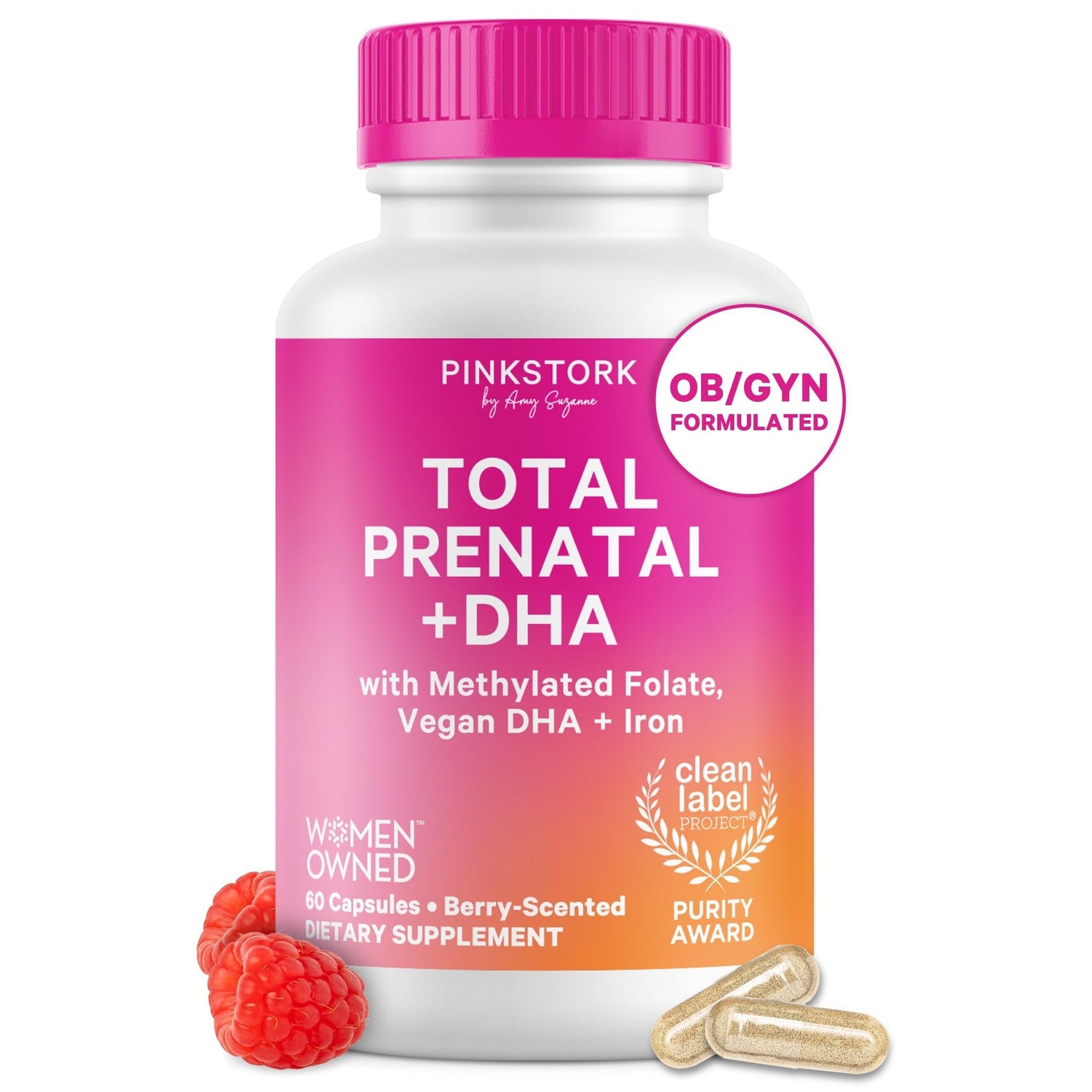 Pink Stork Total Prenatal + DHA, Vegan, No Fishy Burps, 60 Count, Berry | Methylfolate, Vegan DHA, Non-Constipating Iron, Choline, Vitamin B12 | Clean Label Purity Award, Made in USA