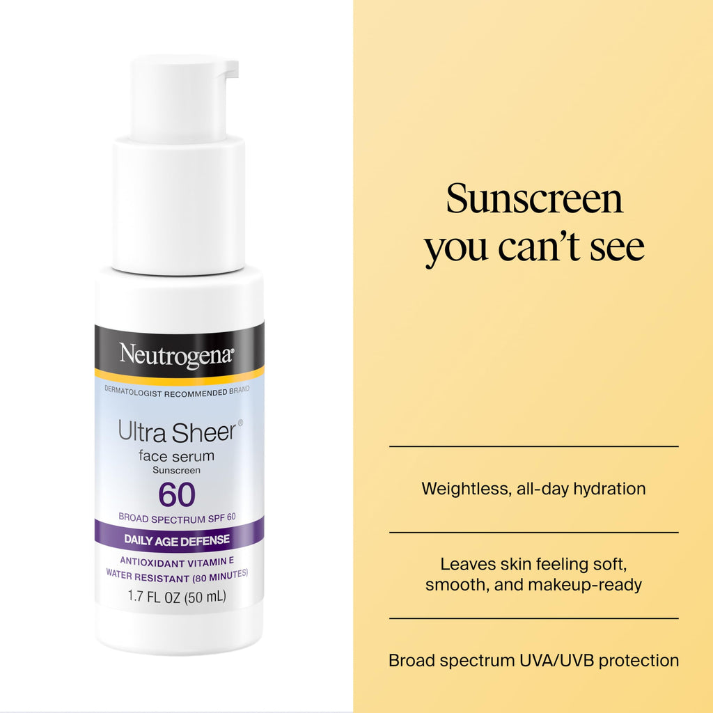 Neutrogena Ultra Sheer Sunscreen Serum SPF 60, Fragrance-Free, 1.7 fl. oz | Broad Spectrum UVA/UVB Protection, Lightweight Serum, Water-Resistant up to 80 Minutes, Non-Comedogenic
