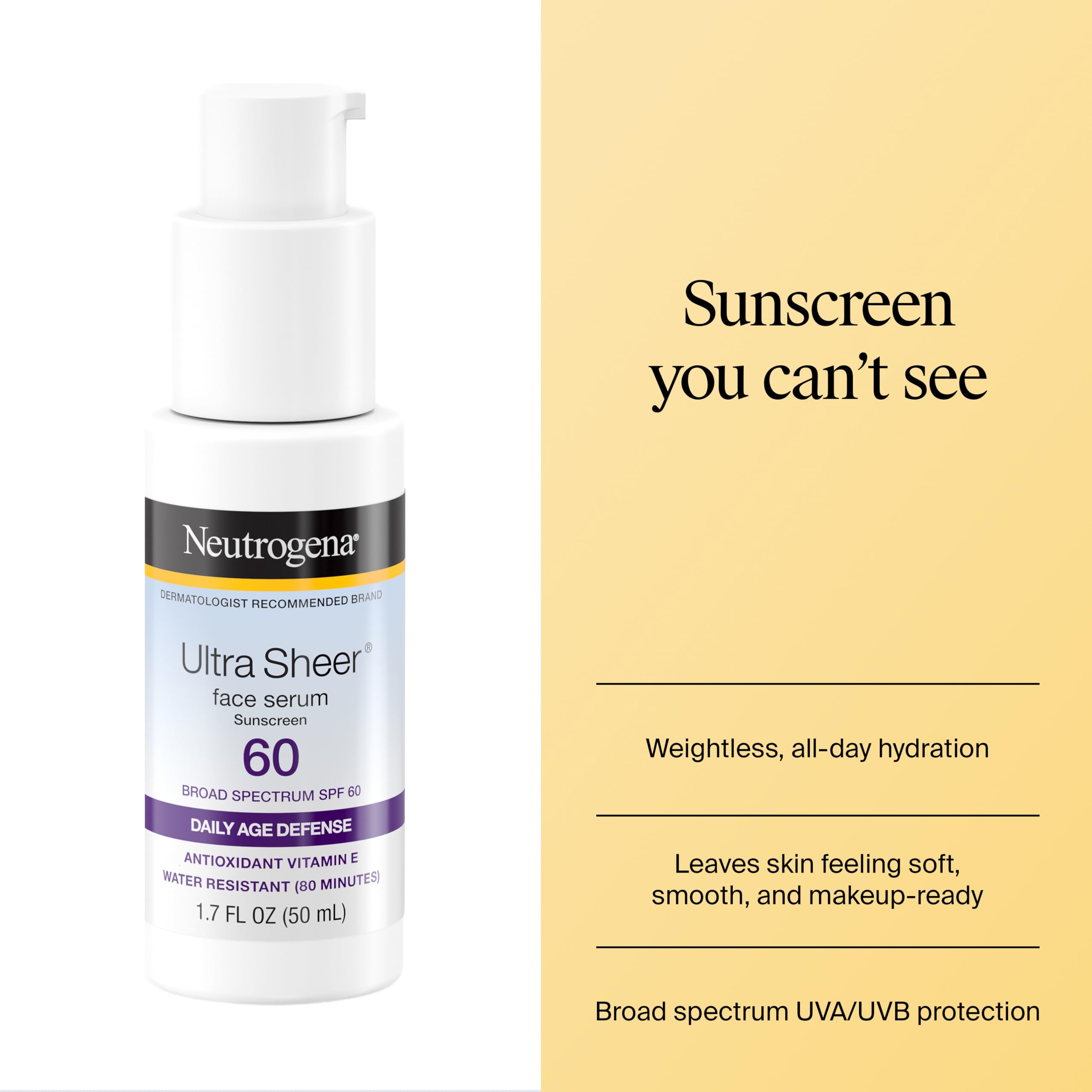 Neutrogena Ultra Sheer Sunscreen Serum SPF 60, Fragrance-Free, 1.7 fl. oz | Broad Spectrum UVA/UVB Protection, Lightweight Serum, Water-Resistant up to 80 Minutes, Non-Comedogenic