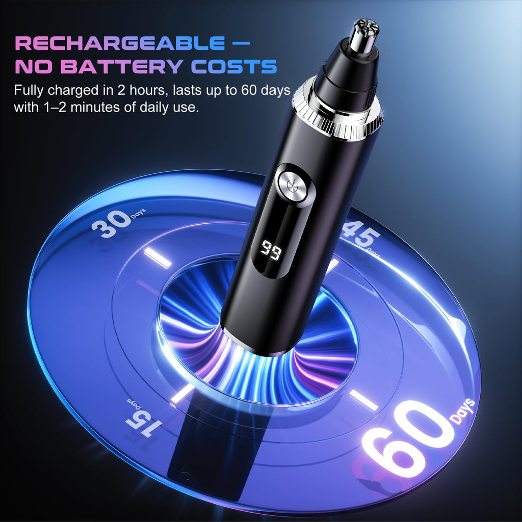 Nose Hair Trimmer for Men and Women, USB Rechargeable Electric Facial and Ear Hair Remover with LED Display, Dual-Edge Blades for Smooth, Painless Eyebrow Grooming (Black)