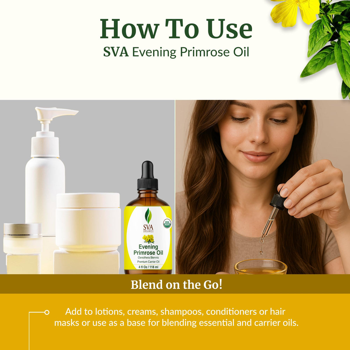 SVA ORGANICS Evening Primrose Carrier Oil with Dropper, 4 Fl Oz (118 ml)