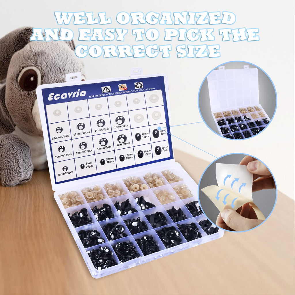 Ecavria [400PCS] Safety Eyes for Amigurumi, 8-16mm Black Crochet Eyes with Washers, Oval &Round Craft Eyes, Kawaii Doll Eyes for Crochet Toys Stuffed Animals
