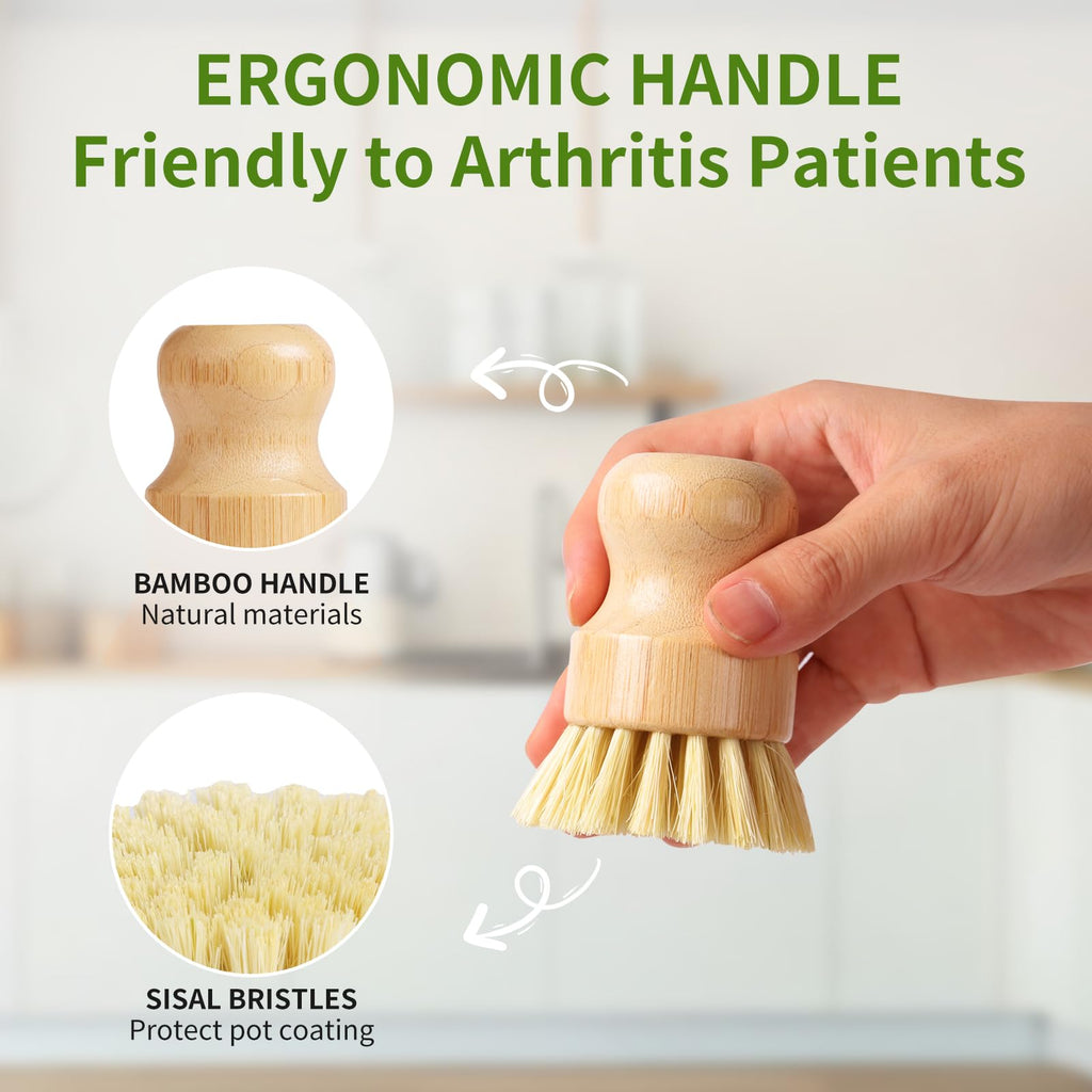 4 Pack Bamboo Dish Brush with Sisal Bristles for Kitchen Cleaning