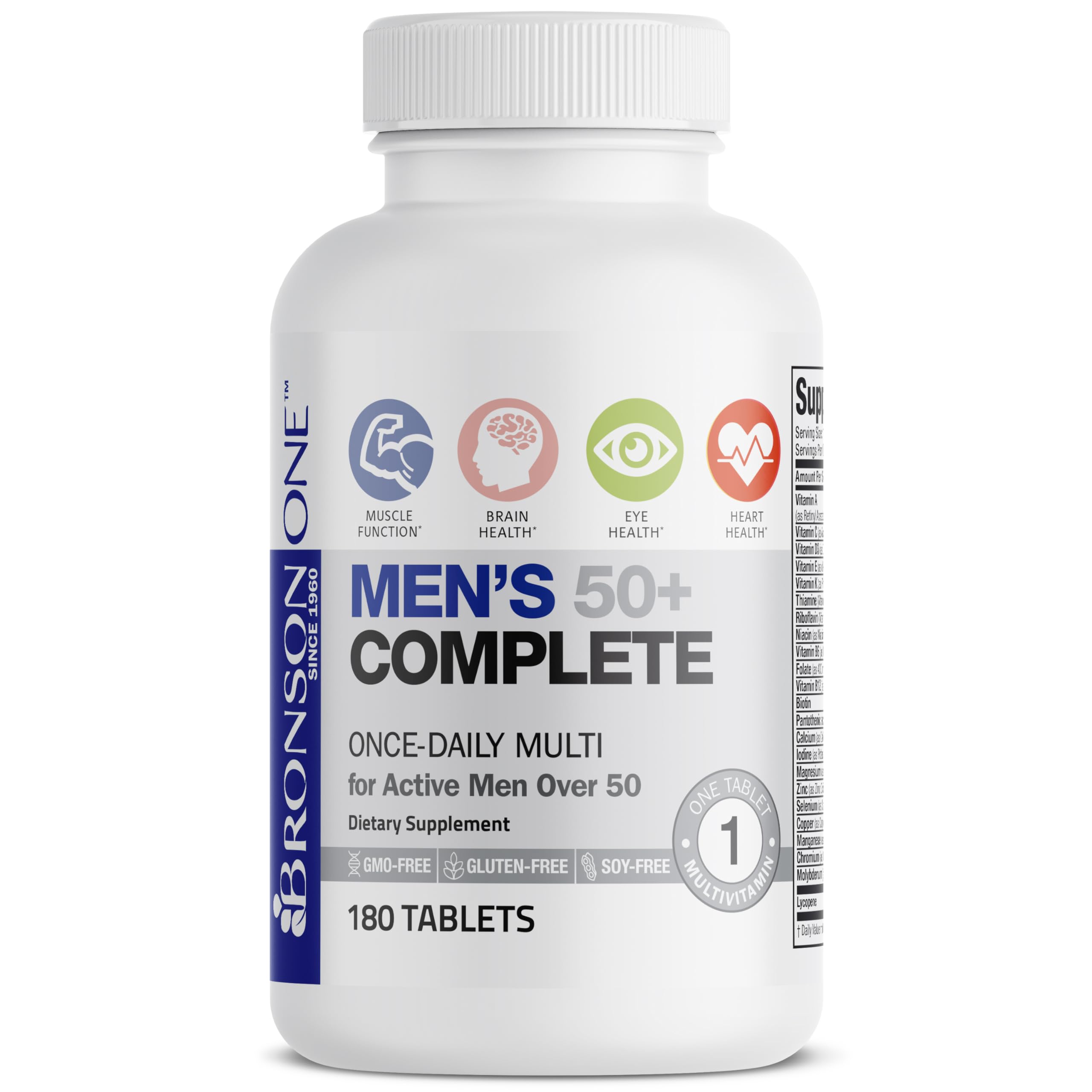 Bronson ONE Daily Mens 50+ Complete Multivitamin Multimineral, 180 Tablets | Once-Daily, Targeted Nutrition For Active Men Over 50, Non-GMO, Gluten-Free, Soy-Free