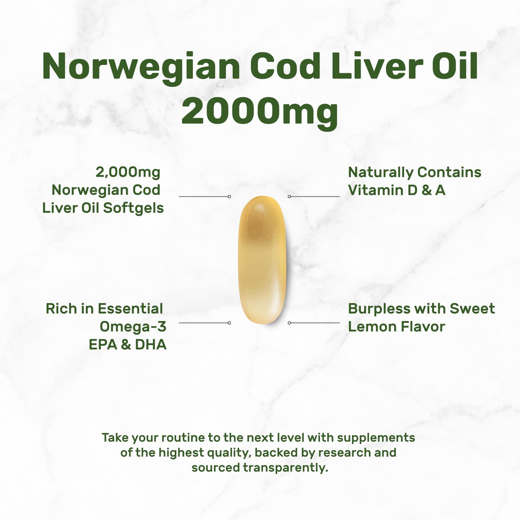 Wild Caught Cod Liver Oil 2,000mg Per Serving, 240 Softgels – Extra Strength EPA DHA Omega 3 with Vitamin D & A – Burpless, Lemon Flavored – Vision, Heart, Brain, & Immune Support