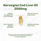 Wild Caught Cod Liver Oil 2,000mg Per Serving, 240 Softgels – Extra Strength EPA DHA Omega 3 with Vitamin D & A – Burpless, Lemon Flavored – Vision, Heart, Brain, & Immune Support