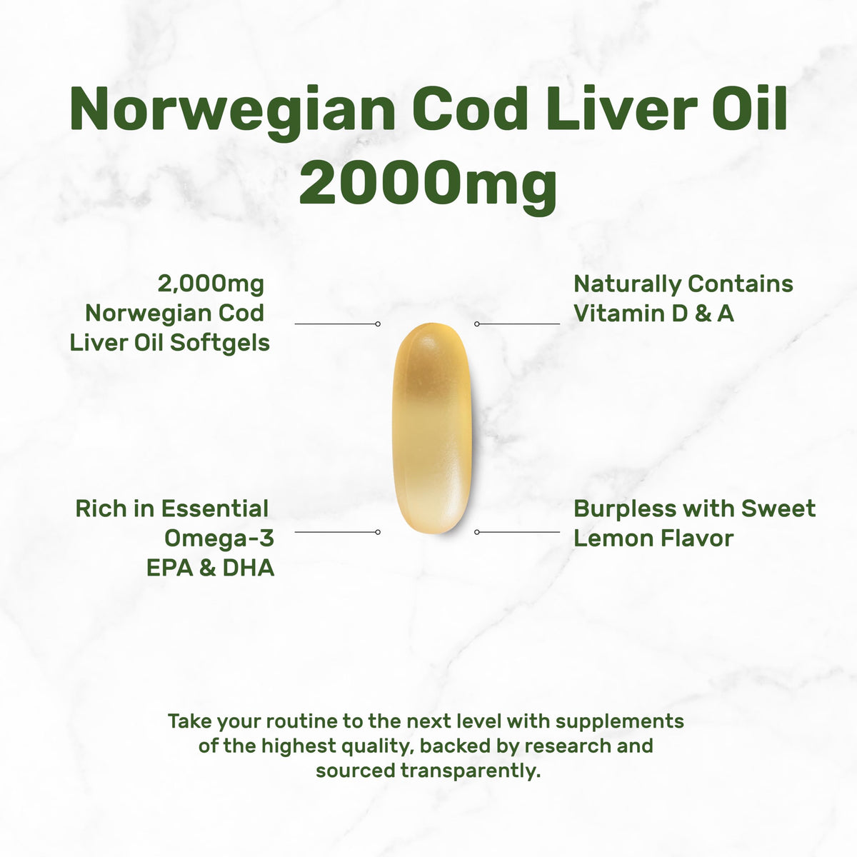 Wild Caught Cod Liver Oil 2,000mg Per Serving, 240 Softgels – Extra Strength EPA DHA Omega 3 with Vitamin D & A – Burpless, Lemon Flavored – Vision, Heart, Brain, & Immune Support