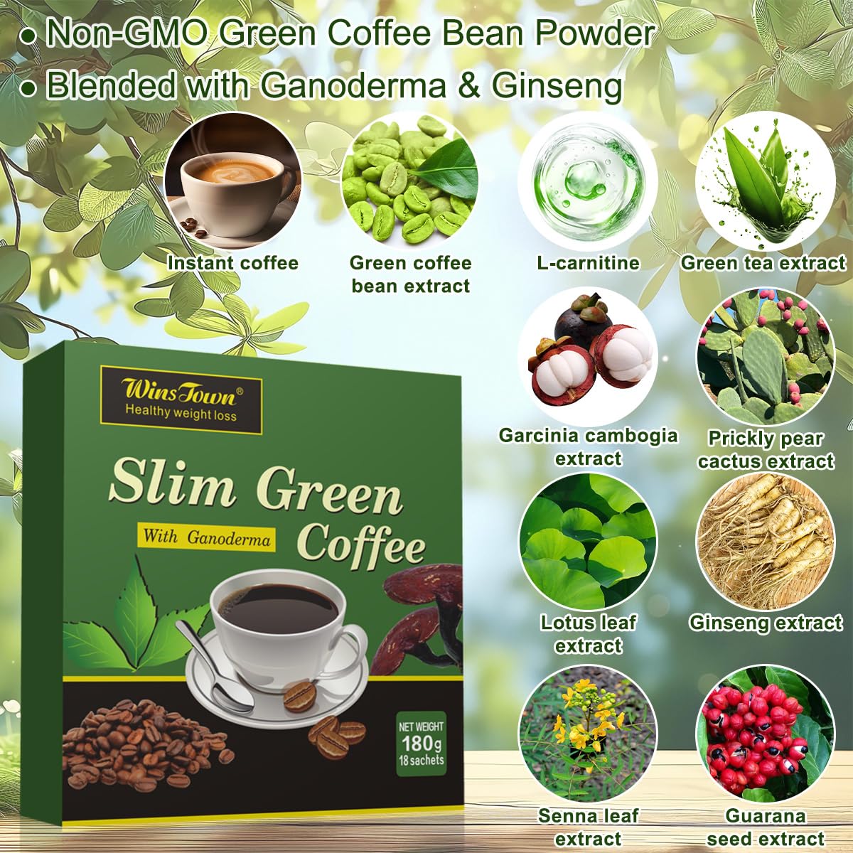 Green Coffee Bean Extract Powder, Slim Green Coffee, 18 Sachets