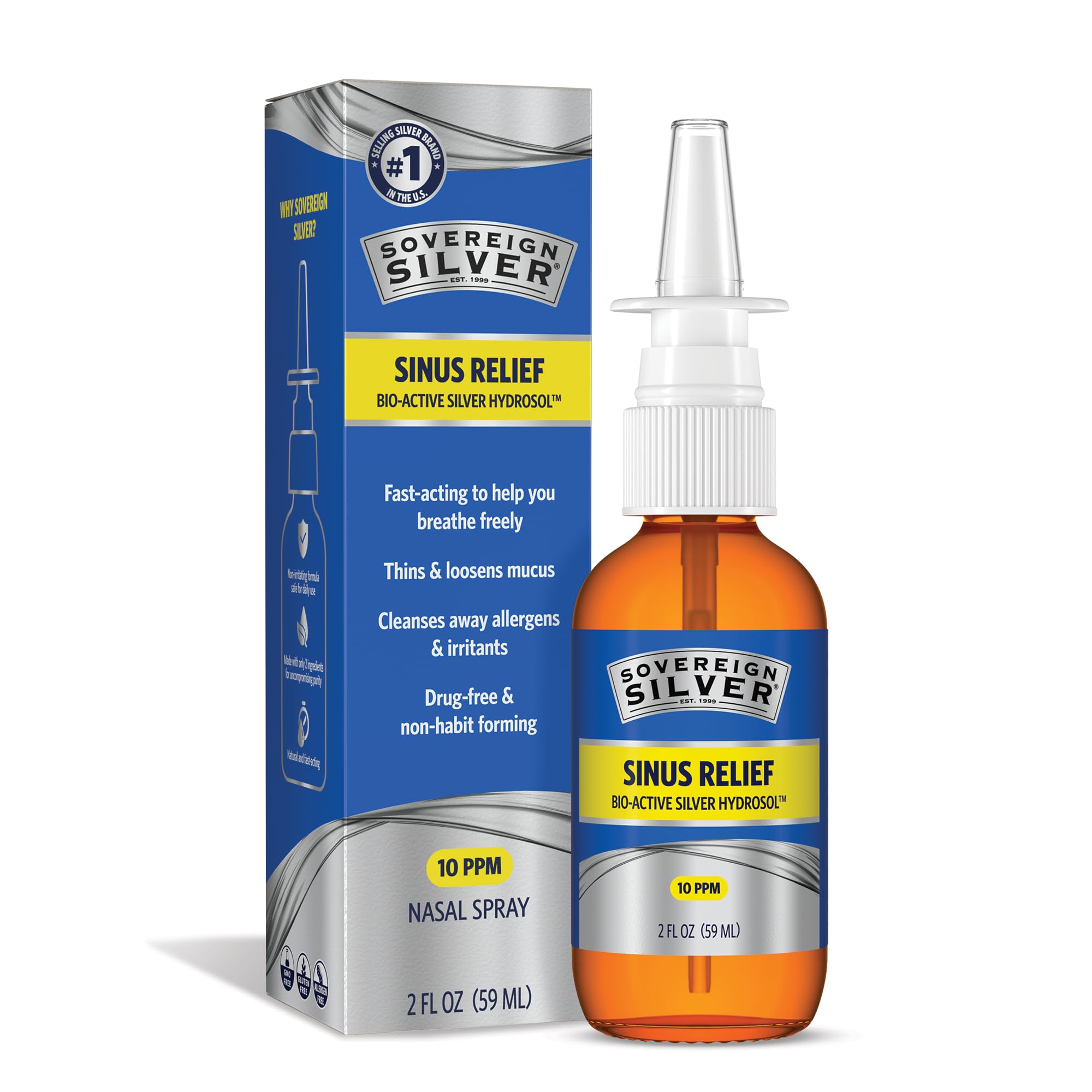 Sovereign Silver Sinus Relief Nasal Spray, 2 fl oz (59 mL) | Bio-Active Silver Hydrosol, Sinus Spray to Cleanse Mucus & Allergens, Drug-Free Nasal Cleanser, Non-Habit Forming, 10 ppm