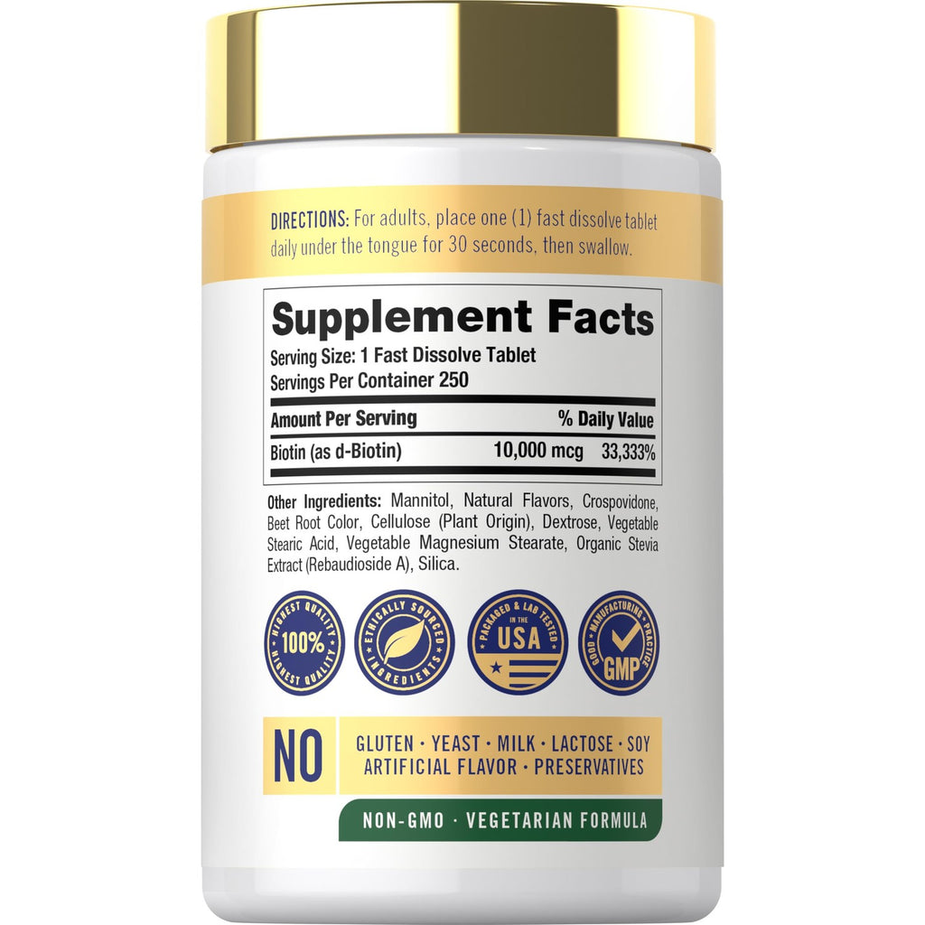 Carlyle Biotin 10000mcg | 250 Fast Dissolve Tablets | Max Strength | Vegetarian, Non-GMO, Gluten Free Supplement