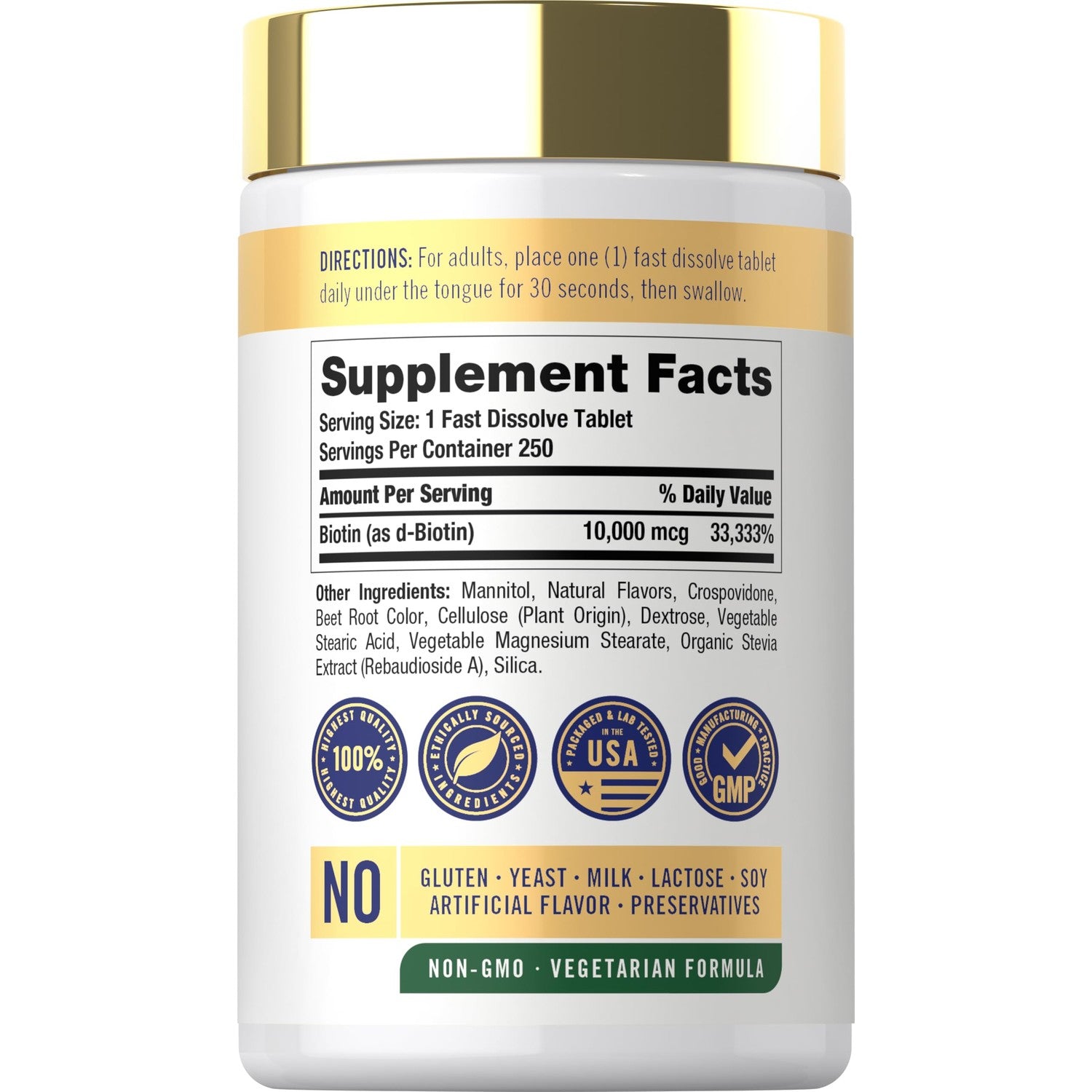 Carlyle Biotin 10000mcg | 250 Fast Dissolve Tablets | Max Strength | Vegetarian, Non-GMO, Gluten Free Supplement