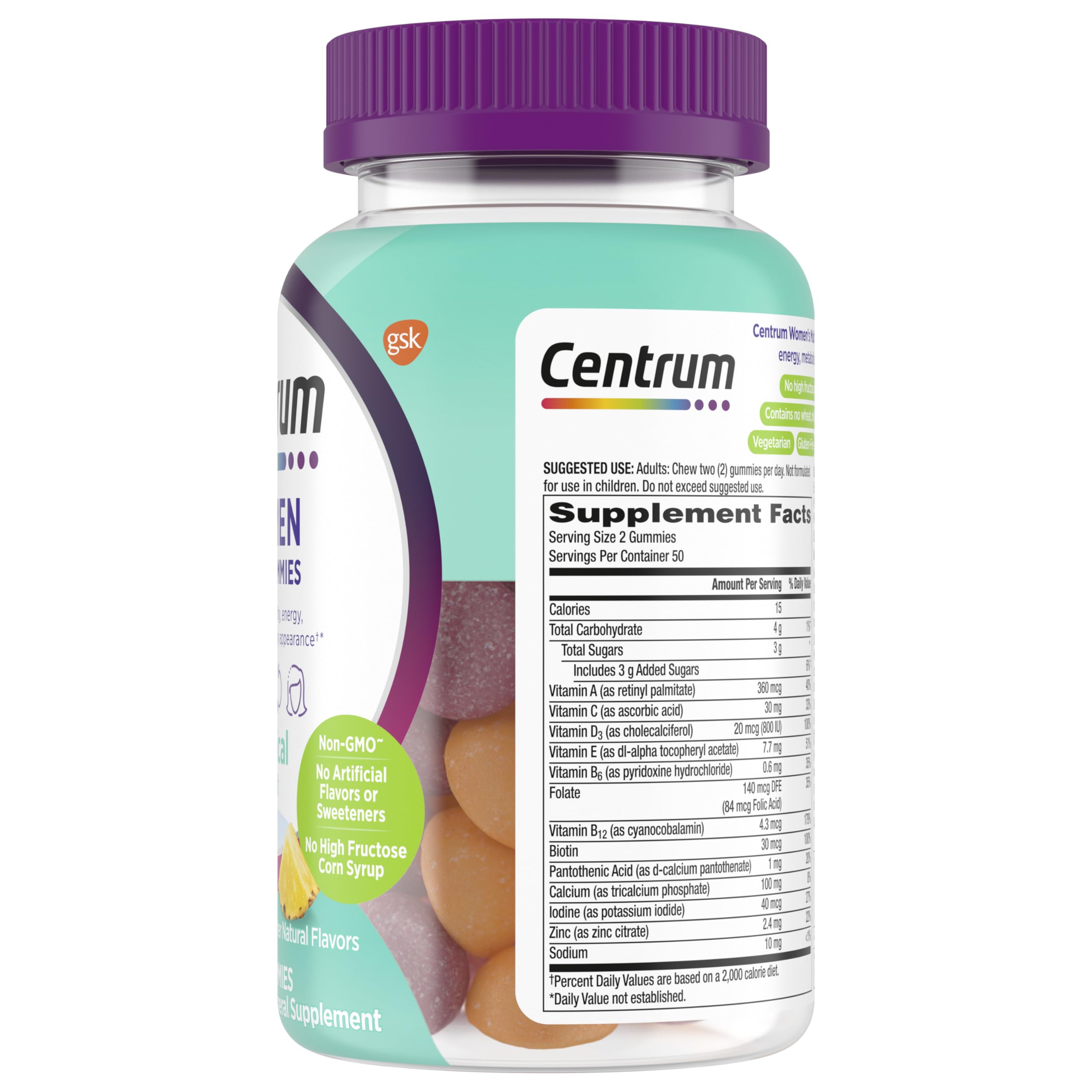 Centrum MultiGummies for Women 18 and Over, 100 Count | Contains Vitamin D3, B Vitamins and Antioxidant Vitamins C and E, Gluten Free, Non-GMO Ingredients, GLP-1 Support