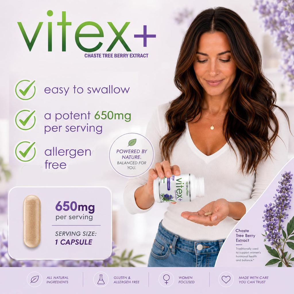 VH Nutrition VITEX+ | Vitex Chasteberry Supplement for Women | Hormonal Balance* and Fertility Support* | 650mg Per Serving of Vitex Berry Extract Powder | 60 Capsules