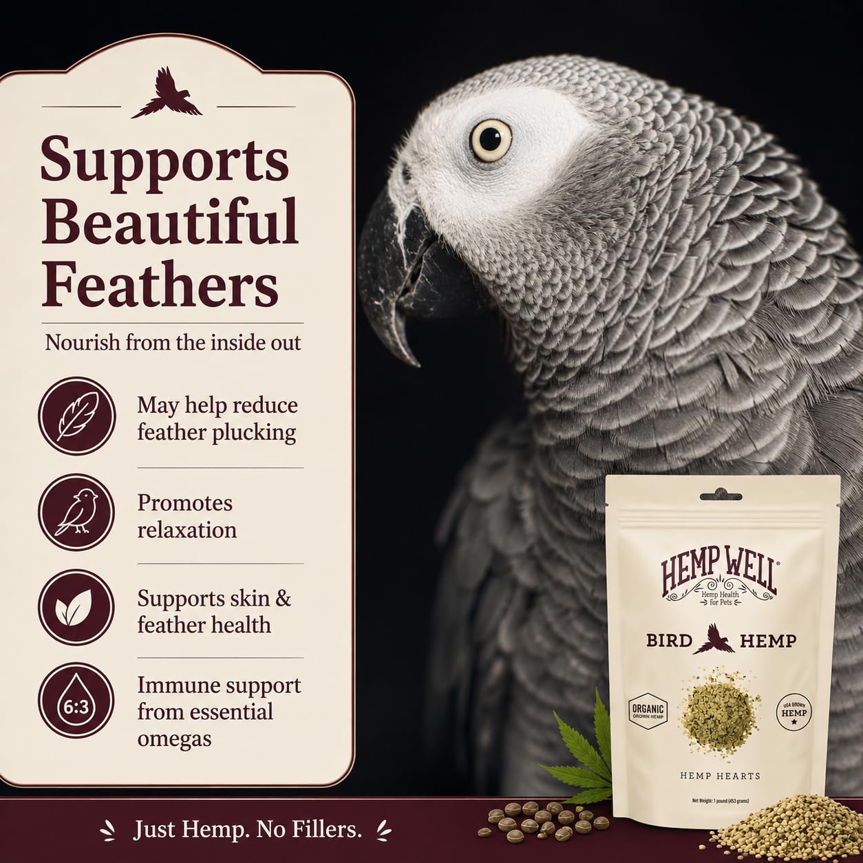 Hemp Well Organic Hemp Hearts –Reduces Feather Plucking, Promotes Relaxation, Immune Support, Organically Sourced, USA Grown, GMO Free – 1 Pound Bag