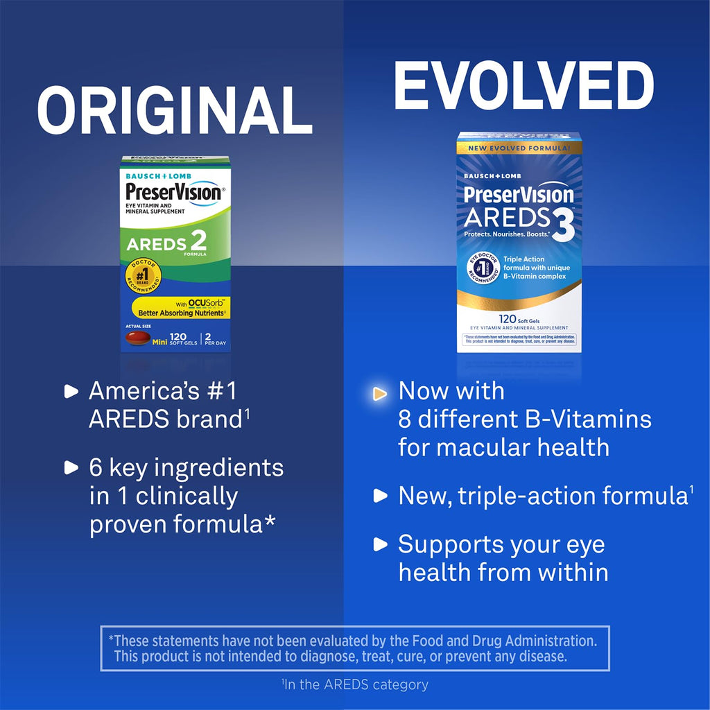 PreserVision AREDS3 Eye Vitamins, #1 Eye Doctor Recommended Brand, AREDS2 Formula with Additional 8 B-Vitamin Complex, Promotes Healthy Cellular Eye Function*, 3-in-1 Macular Supplement, 160 Softgels