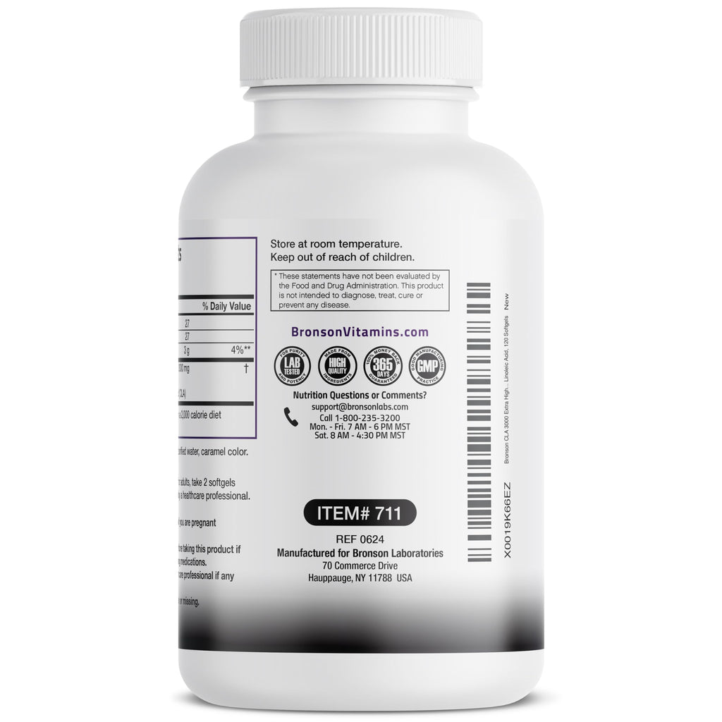 Bronson CLA 3000 Extra High Potency Weight Management Support, 120 Softgels | 2250 mg Active CLA per Serving, Non-Stimulating, 100% Safflower Oil, Lean Body Mass Support, Non-GMO