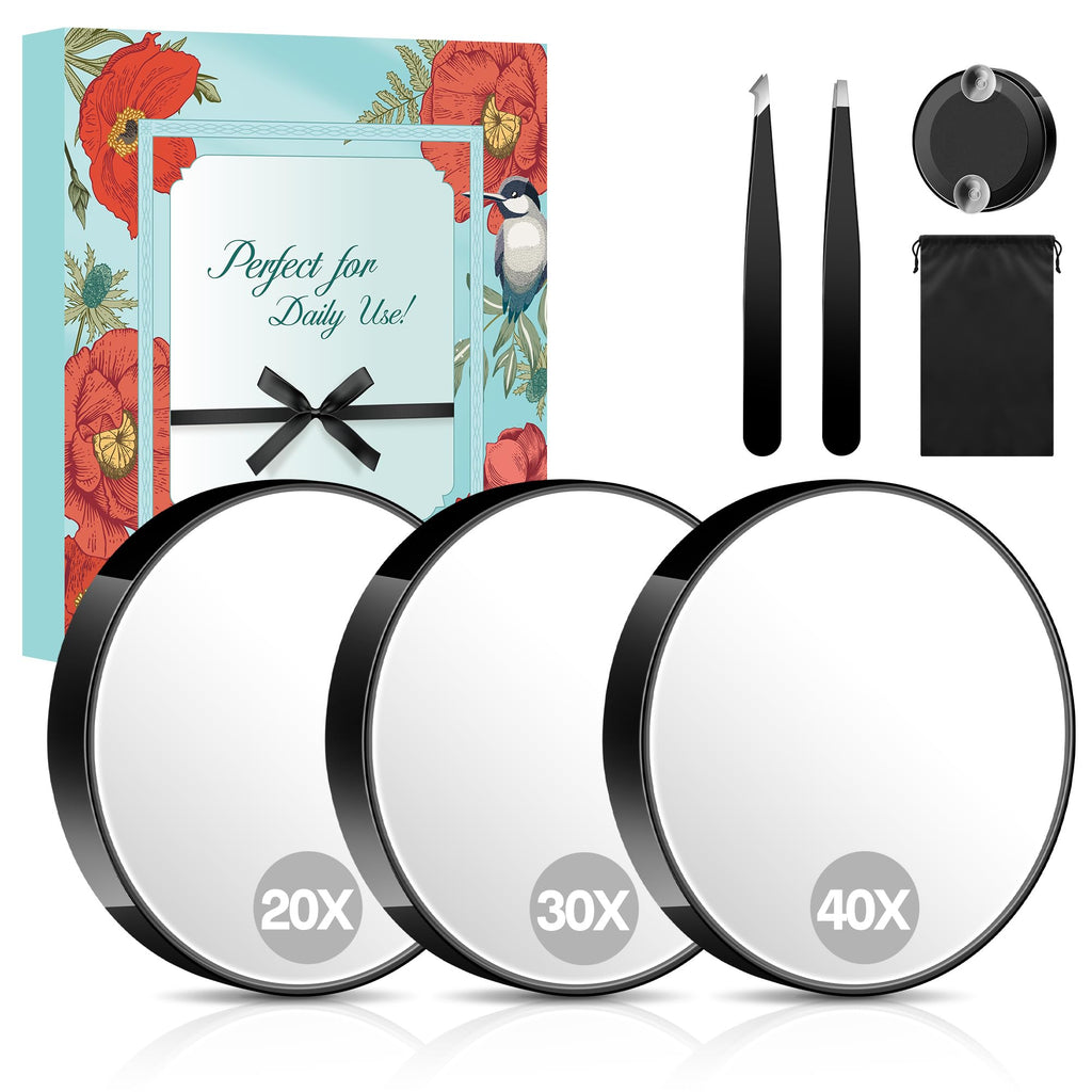 MIYADIVA 40X Magnifying Mirror, 3.5 Inch Round Compact Mirror with Suction Cup, Stainless Steel Tweezers, Perfect for Makeup, Eyebrows, Beards, Travel
