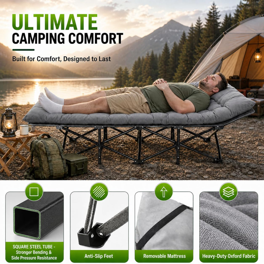 Aoran Camping Cot for Adults 28" Extra Wide,Portable Cot Bed with Mattress,Heavy Duty Camp Sleeping Bed for Camping,Travel,Home and Office Nap,Max Load 450 LBS