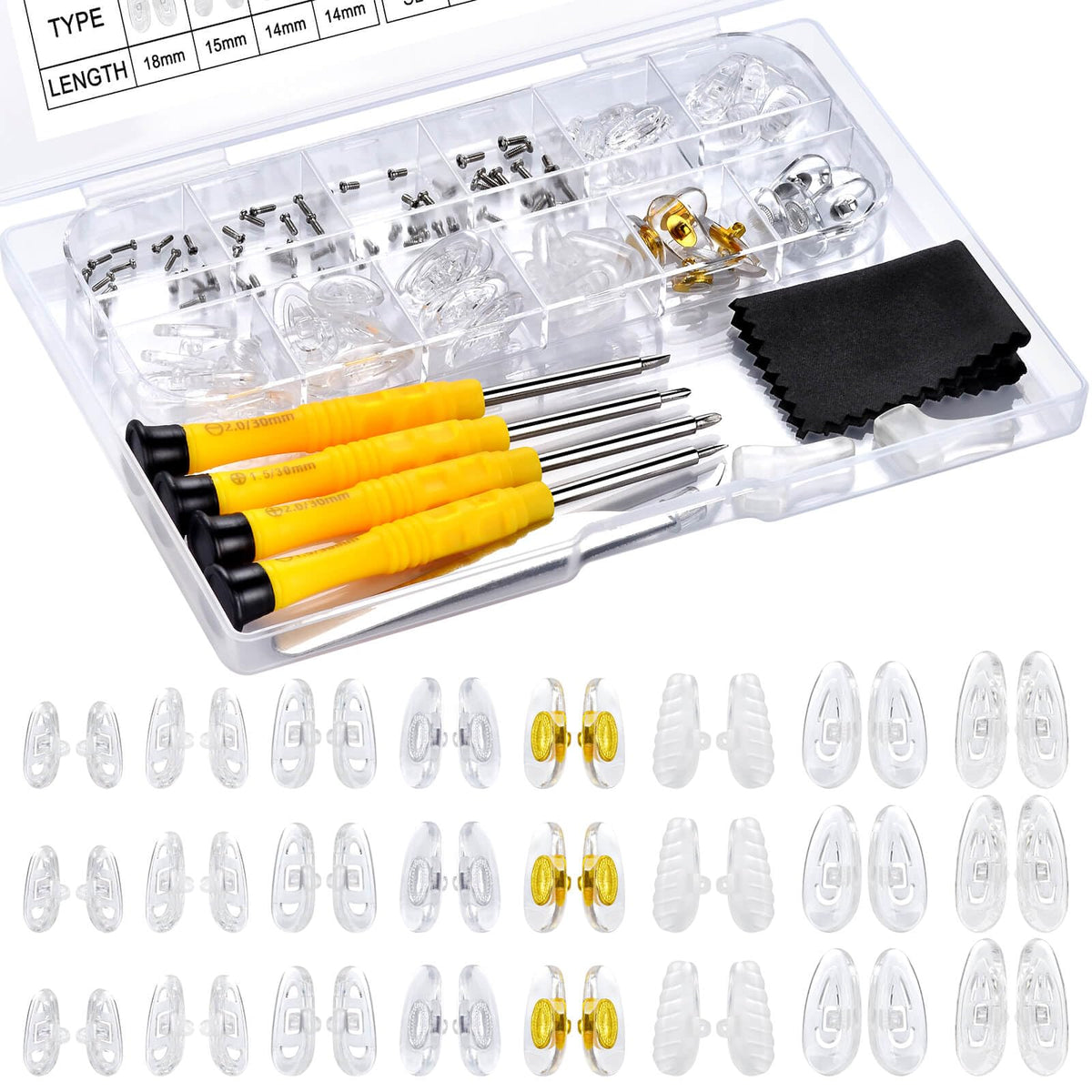 Eyeglass Nose Pads Replacement with 4 Sizes Screws, 24 Pairs Screw-in Glasses Nose Pads, Upgraded Eyeglass Repair Kit with Precision Screwdrivers, Tweezers, Glasses Cloth for Glasses, Sunglasses