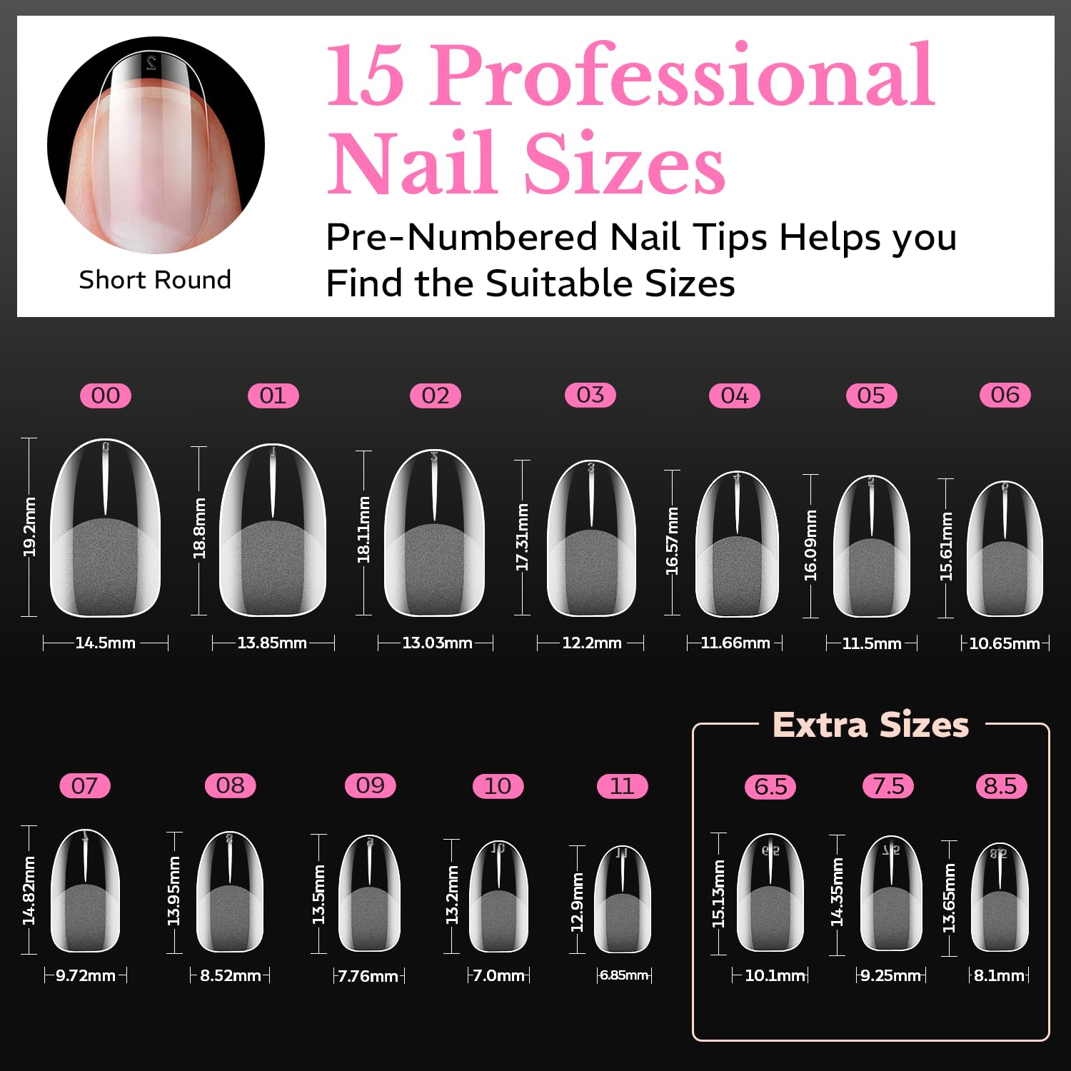 600pcs of medium almond soft gel nail tips, featuring 15 professional sizes for easy use. Order online, available now!
