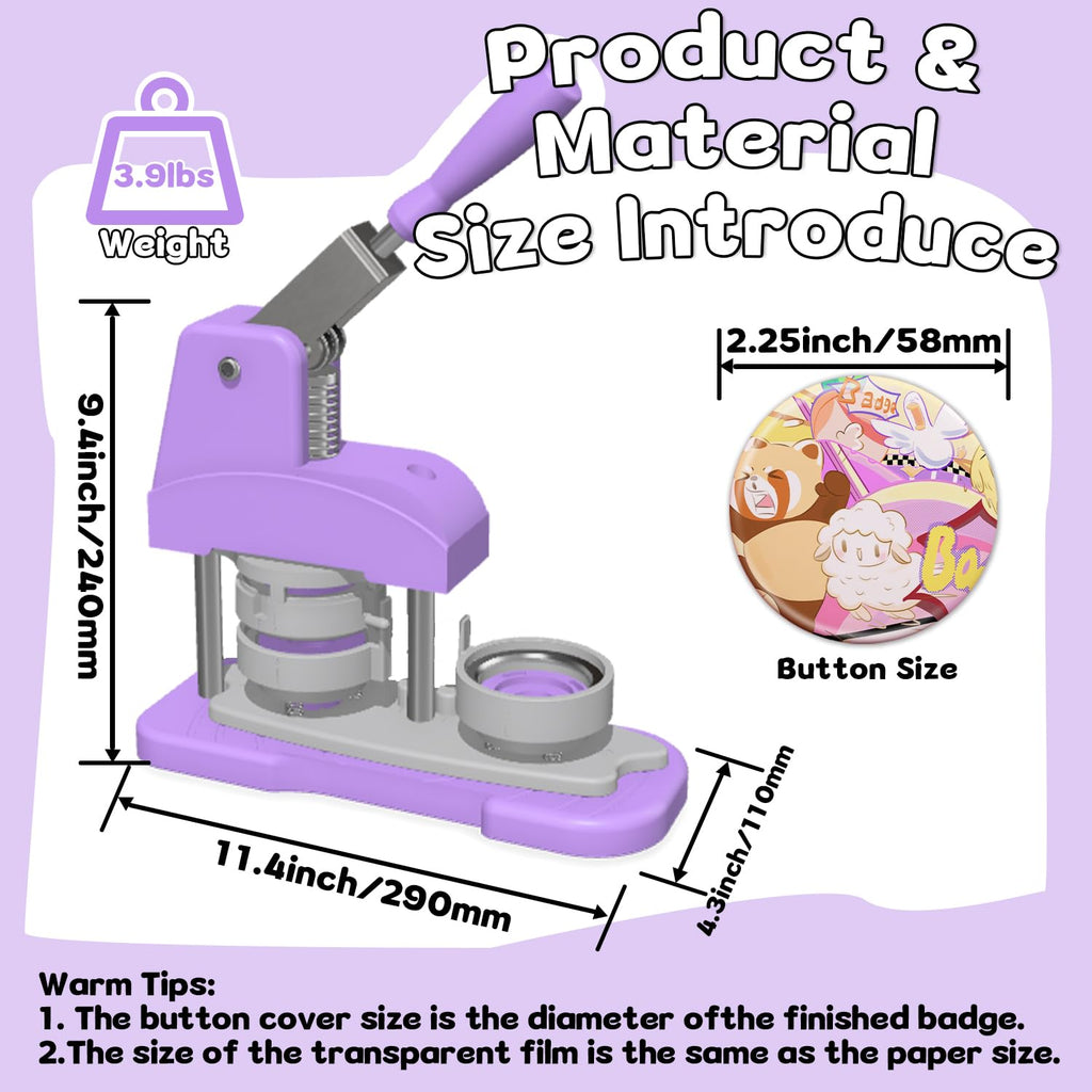 Button Maker Machine 58mm (2.25 inch), DIY Button Pin Maker Machine Comes with Free Button Parts, Circle Cutter, Cutting Board, Pattern Paper, Holographic Bags, Colored Film, and Protective Case