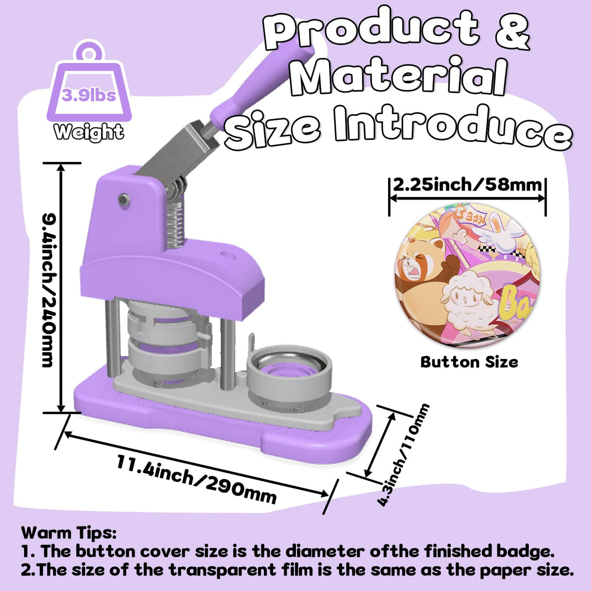 Button Maker Machine 58mm (2.25 inch), DIY Button Pin Maker Machine Comes with Free Button Parts, Circle Cutter, Cutting Board, Pattern Paper, Holographic Bags, Colored Film, and Protective Case