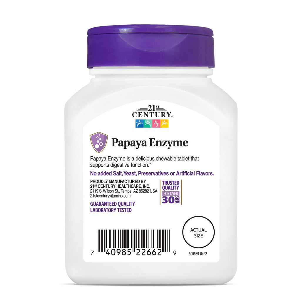21st Century Papaya Enzyme Chewable (100 Count), Papaya & Pineapple Digestive Enzymes for Gut Health, Tropical Flavor, Non-GMO, Gluten-Free, No Added Salt, Artificial Flavors (Pack of 2)