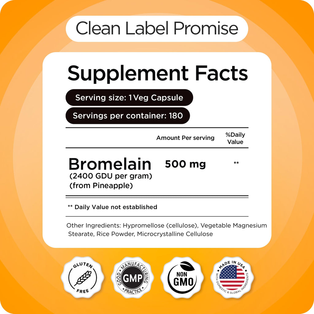 Balancebreens Bromelain 500mg Capsules, 2400 GDU Pineapple Extract, 180 Ct | 2400 GDU Bromelain, 180 Veggie Capsules, Non-GMO, Third-Party Tested, USA