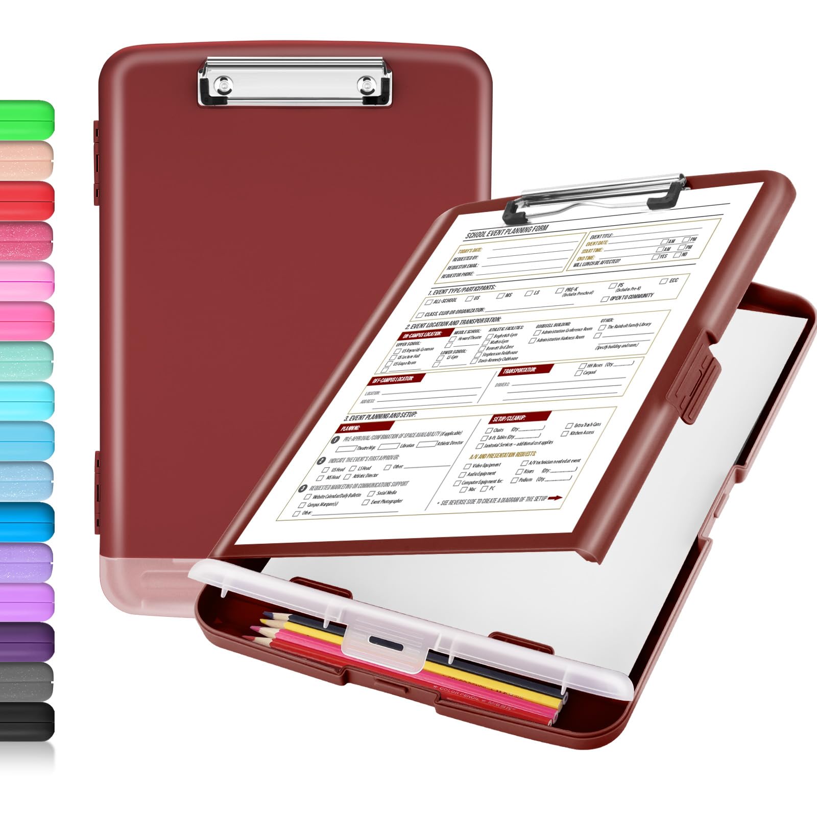 Buy now Sooez Clipboard with Storage, Clip Board 8.5 x 11 with Pen Holder, Plastic Organization Case Box for Letter Legal A4 Size Paper, Low Profile Clip, Nurses Teachers Must Haves, School & Office Supplies Claret at indiglob india