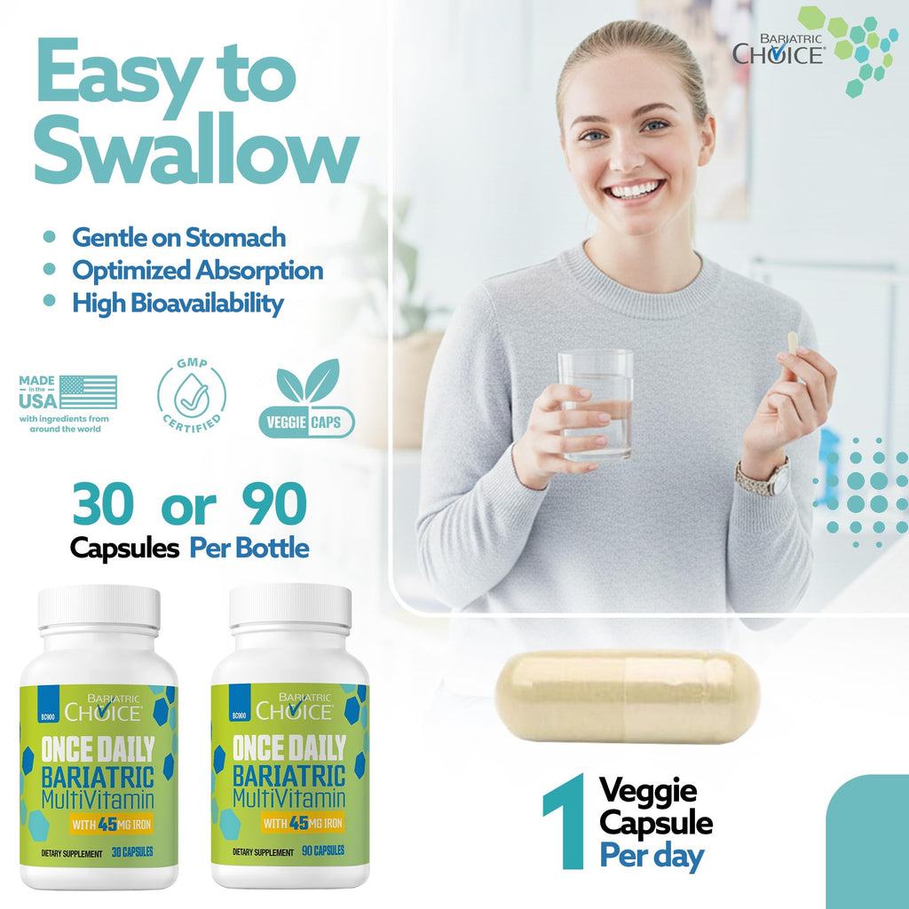 Bariatric Choice Once Daily Bariatric Multivitamin with Iron 45mg, 3 Months | 3-Mo Supply, Once Daily Easy-to-Swallow Capsule for Gastric Bypass & Sleeve Patients – High Potency Vitamins A, D, B12, More