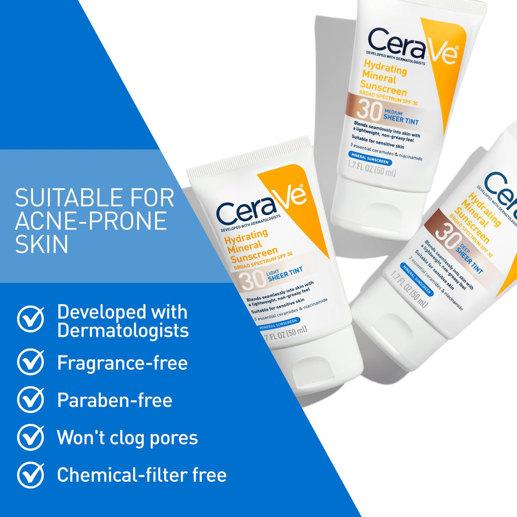 CeraVe Tinted Sunscreen for Face, Mineral SPF 30 Moisturizer, Medium, 1.7oz | Skin Care, Face Sunscreen, Hyaluronic Acid, Zinc Oxide, Titanium Dioxide, Sheer Tint, Healthy Glow, Blends Seamlessly