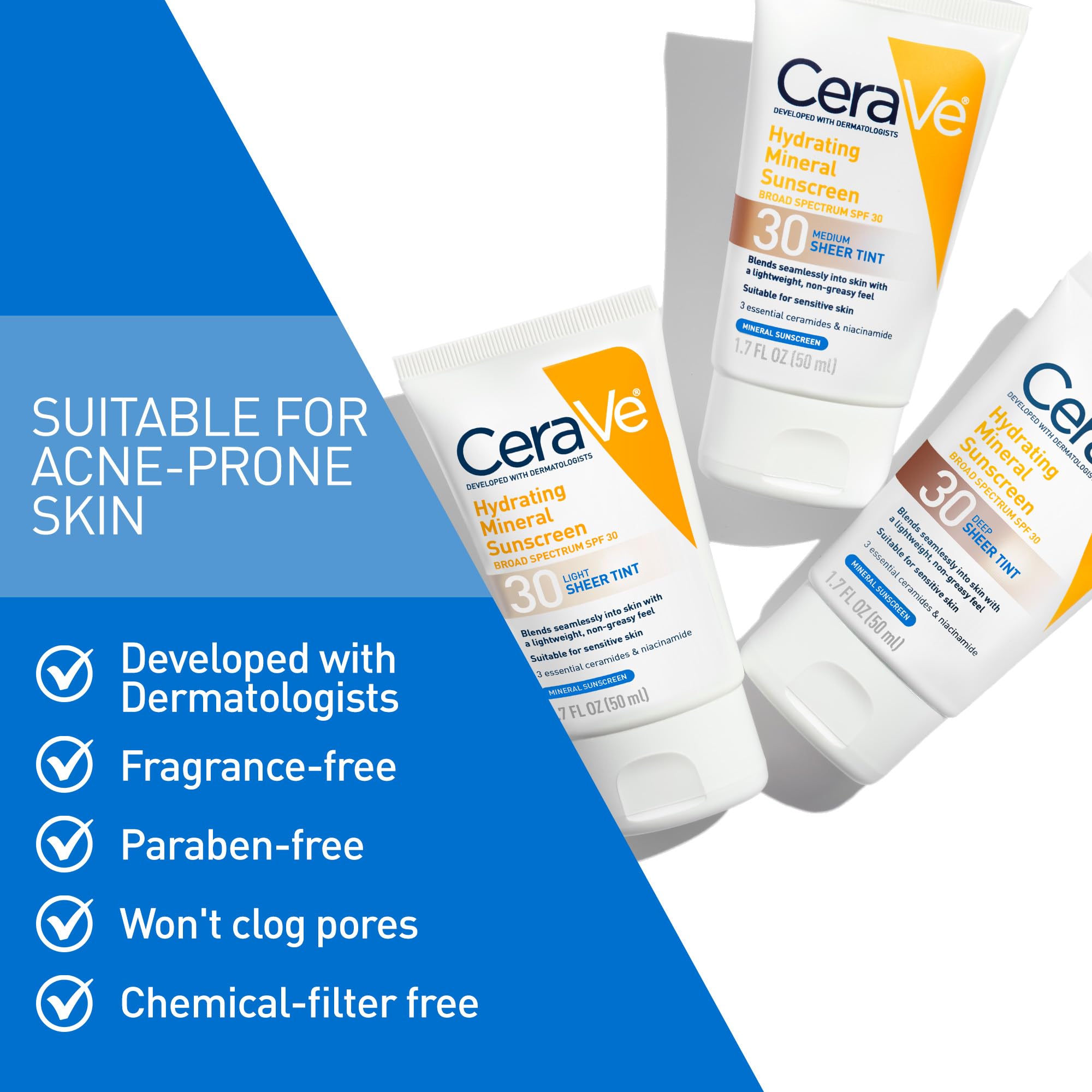 CeraVe Tinted Sunscreen for Face, Mineral SPF 30 Moisturizer, Medium, 1.7oz | Skin Care, Face Sunscreen, Hyaluronic Acid, Zinc Oxide, Titanium Dioxide, Sheer Tint, Healthy Glow, Blends Seamlessly