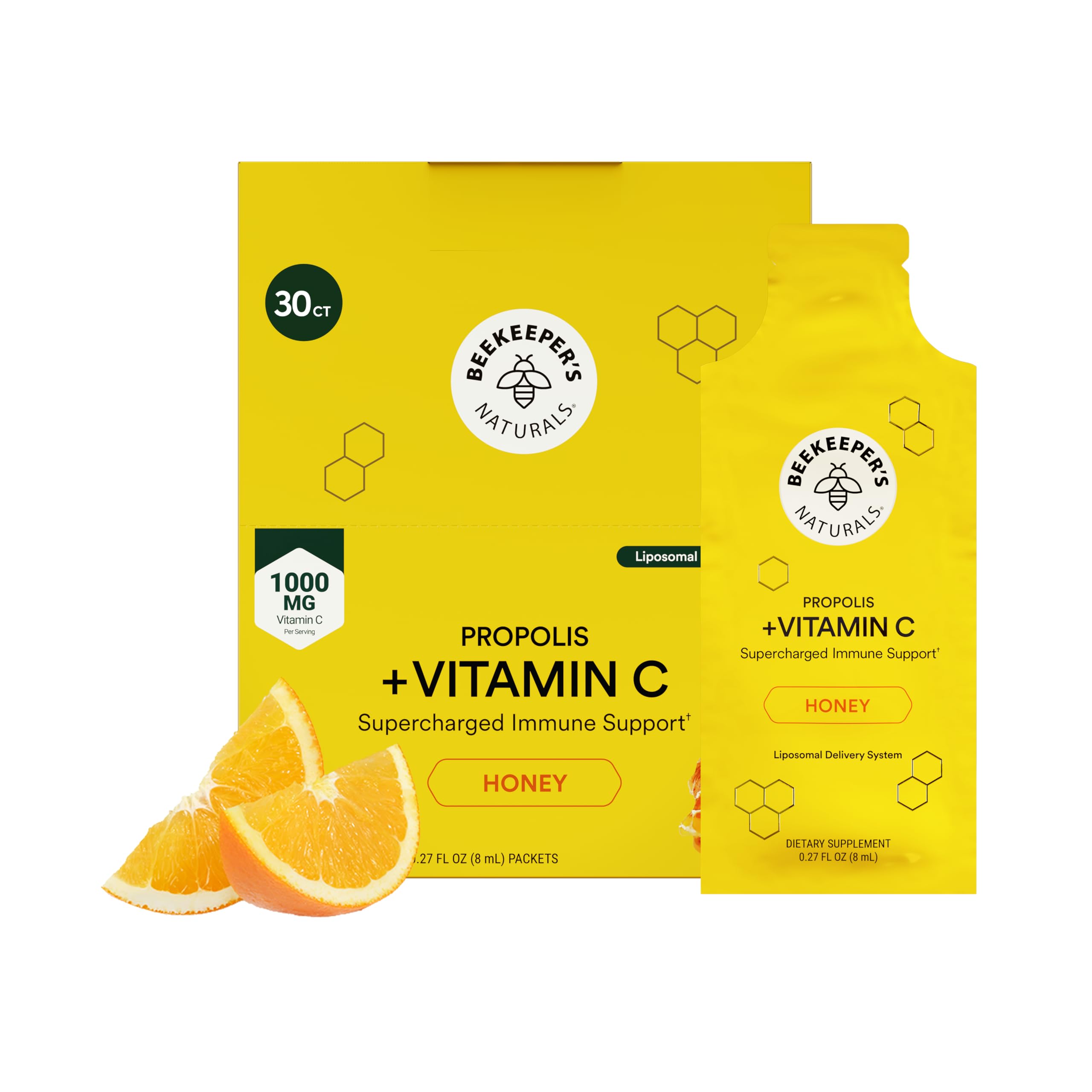 Beekeeper's Naturals Liposomal Vitamin C (1000mg) + Propolis Packets, 30 Ct | Propolis & Organic Honey, Supercharged Immune Support, Increased Bioavailability, Max Absorption