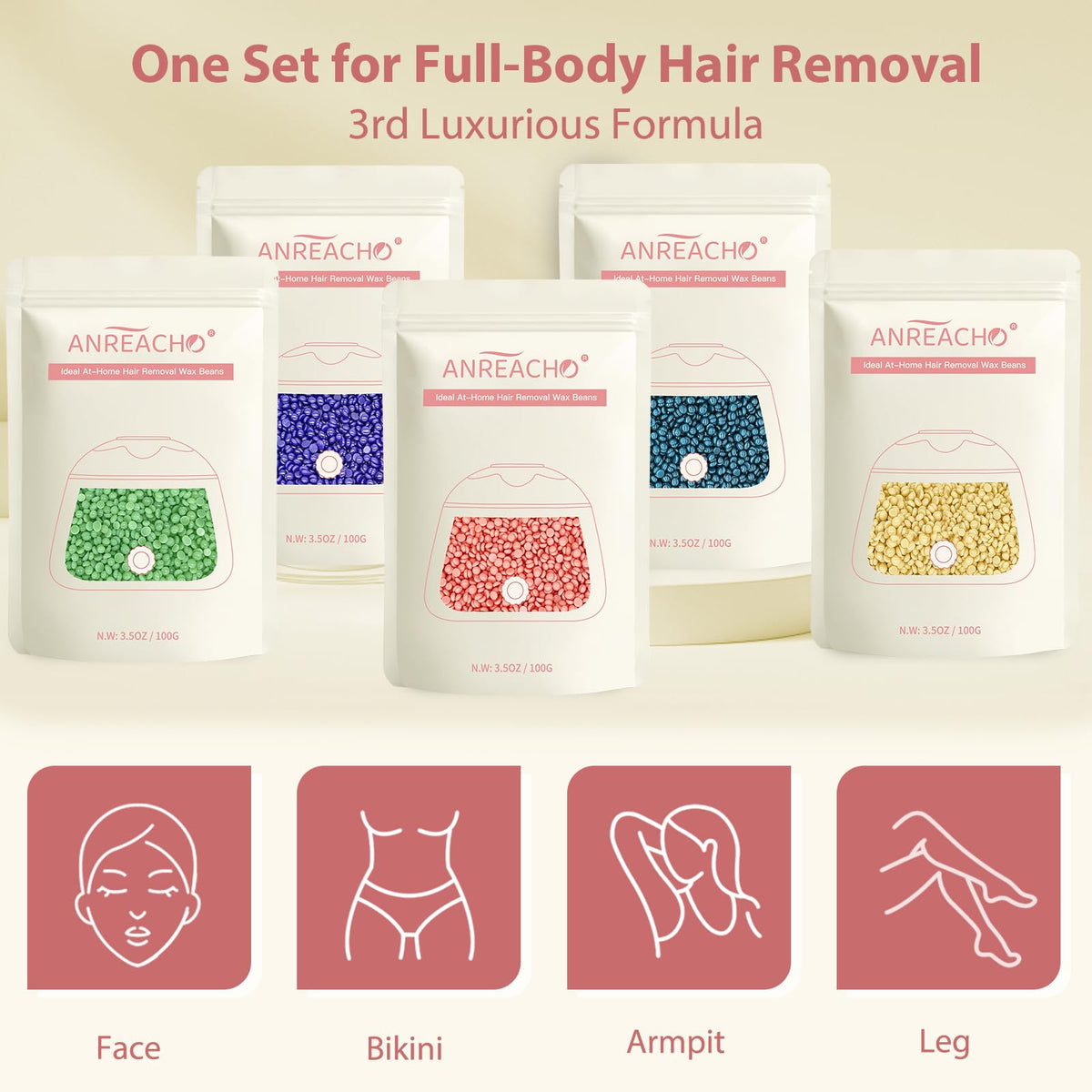 Wax Beads, Anreacho 1.1 lb Hard Wax Beans for Hair Removal, Brazilian, Bikini, Face, Eyebrows, Underarms, Chest, Back, Legs, Wax Refill for Women & Men, Pack of 5