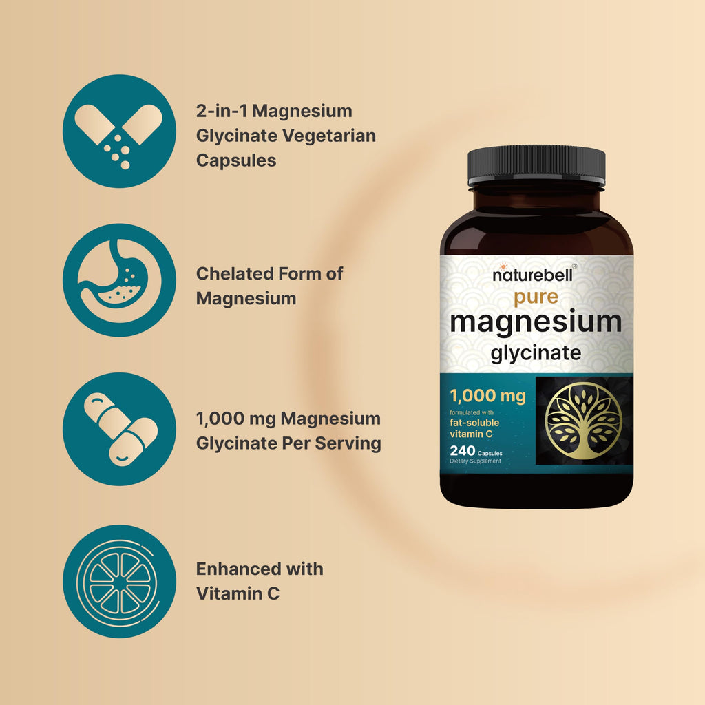 NatureBell Pure Magnesium Glycinate 1,000 mg, 240 Vegetarian Capsules | 1,000 mg Magnesium Glycinate Per Serving - Chelated Magnesium Form with Vitamin C – Non-GMO, Filler Free, cGMP Manufactured