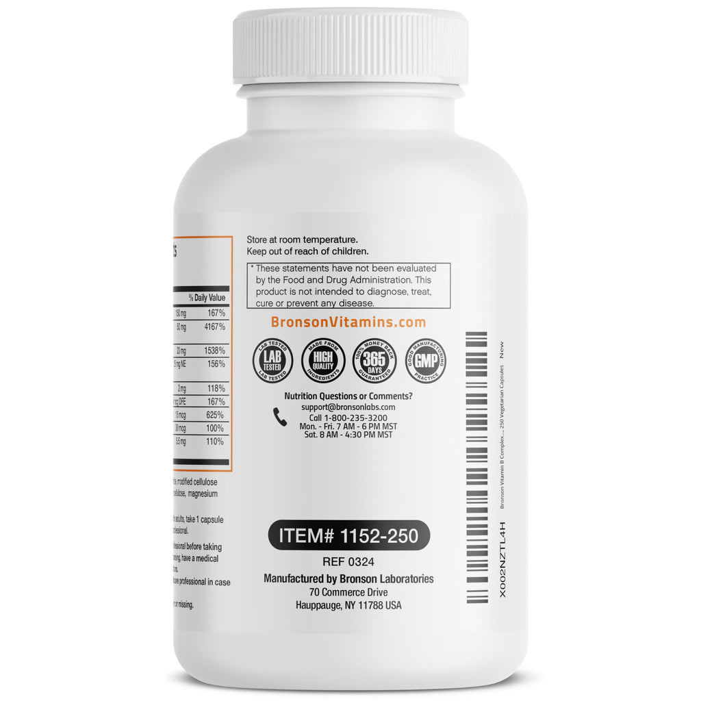 Bronson Vitamin B Complex with Vitamin C Vegetarian Capsules, 250 Count | Immune Health, Energy Support, Nervous System Support, Non-GMO, Soy-Free, Gluten-Free, Contains All B Vitamins