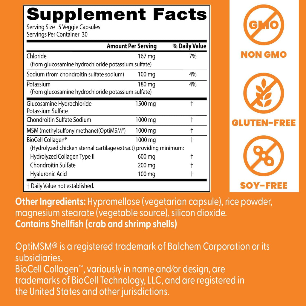 Buy now Doctor's Best Glucosamine Chondroitin MSM + Hyaluronic Acid with OptiMSM Featuring Biocell Collagen, Joint Support, Non-GMO, Gluten & Soy Free, 150 Caps at indiglob india