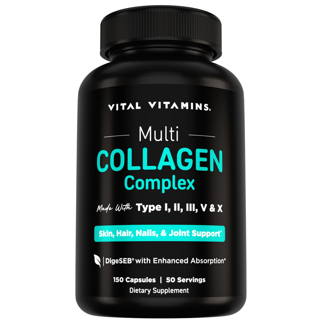Vital Vitamins Multi Collagen Peptides Complex for Women & Men, 150 Pills | Supports Skin, Hair & Nails, 5 Collagen Types I II III V & X, Grass-Fed Non-GMO Collagen Supplements