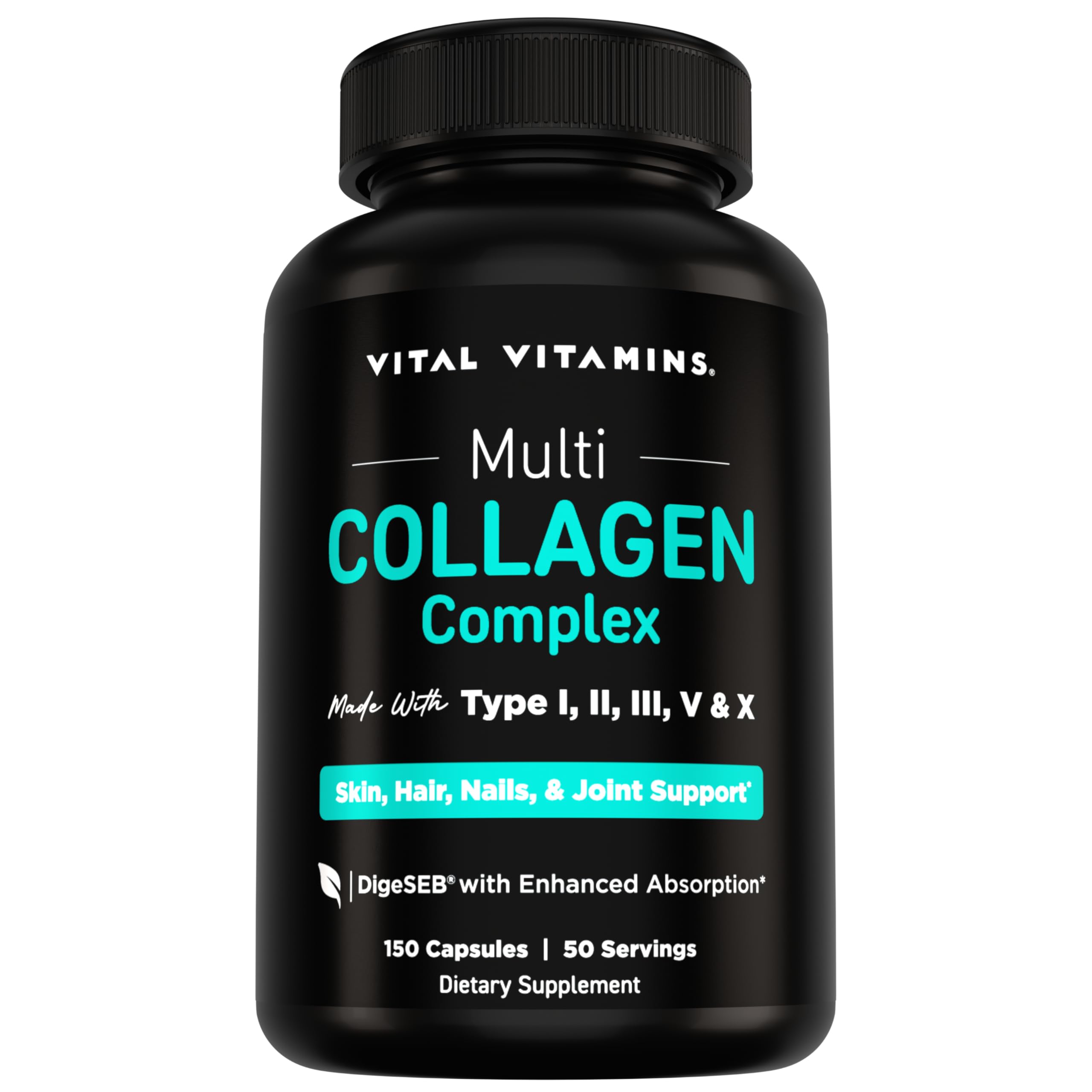 Vital Vitamins Multi Collagen Peptides Complex for Women & Men, 150 Pills | Supports Skin, Hair & Nails, 5 Collagen Types I II III V & X, Grass-Fed Non-GMO Collagen Supplements