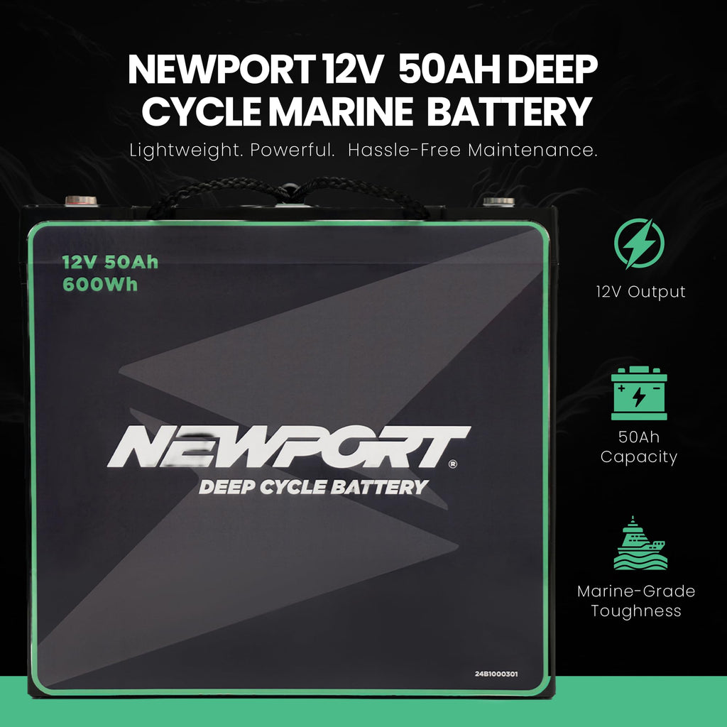 Newport 12V50Ah Deep Cycle Heavy-Duty Marine Battery, Lightweight & Sealed AGM, Trolling Motor Compatible