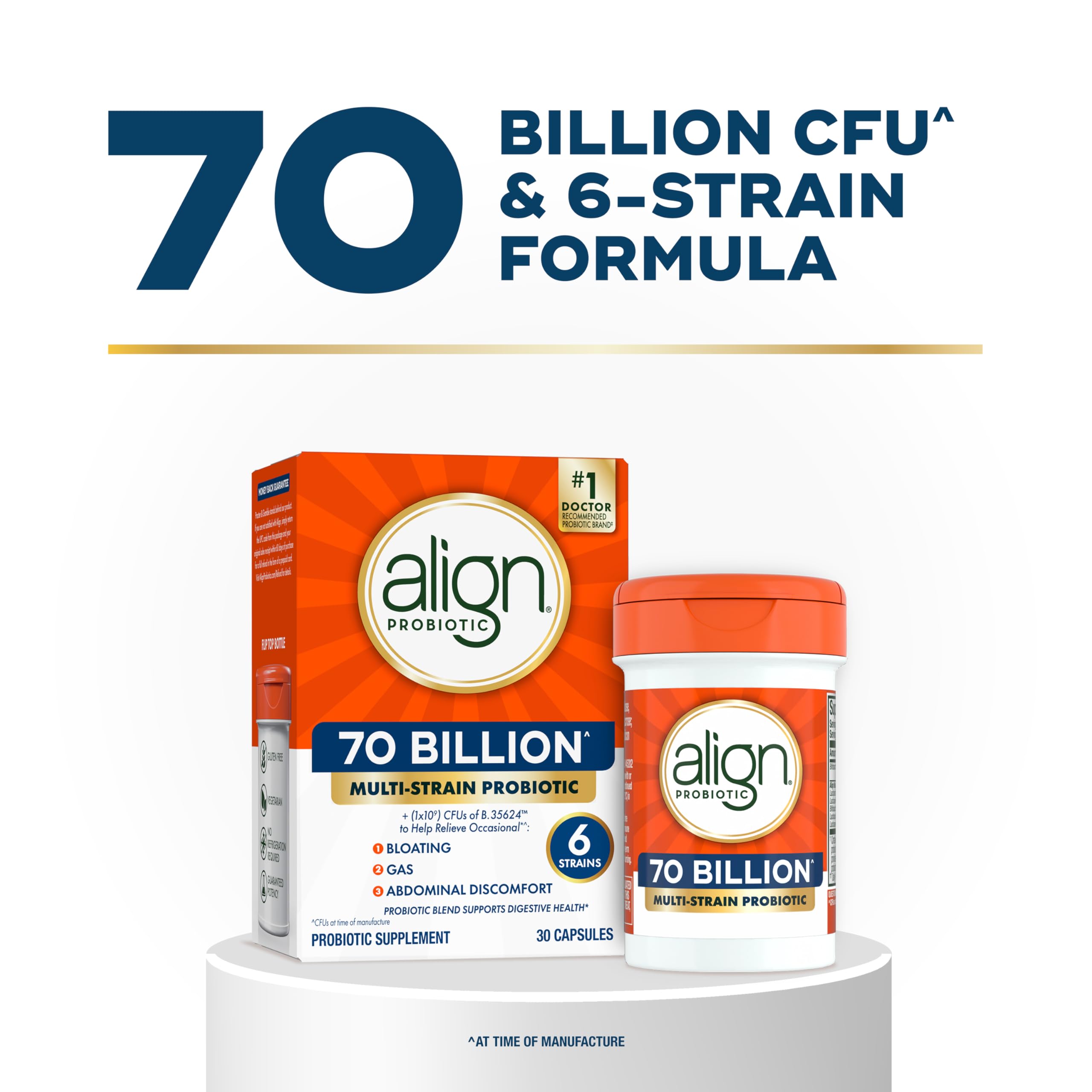 Align Probiotic, 70 Billion CFU, 6 Strain Blend, Probiotics for Women and Men, Daily Probiotics for Digestive Health, Helps Relieve Occasional Bloating & Gas 30 Capsules